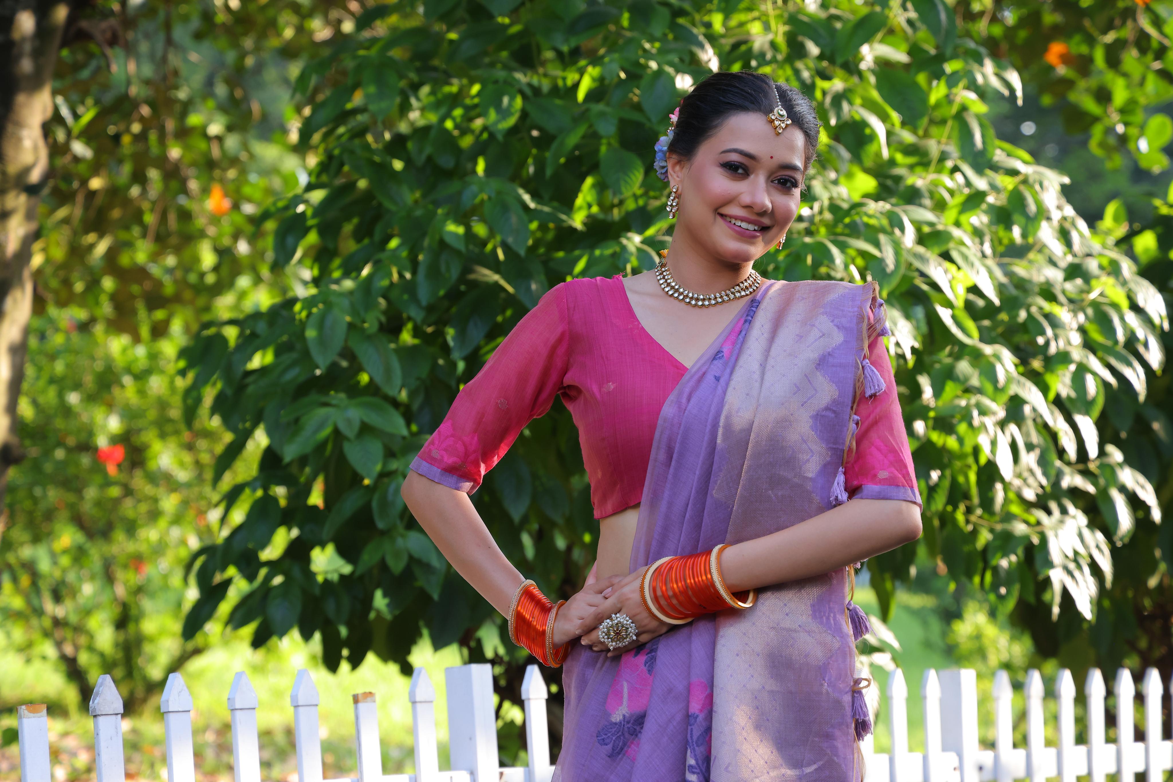 Muga Cotton Flower Pattern Saree - PURPLE