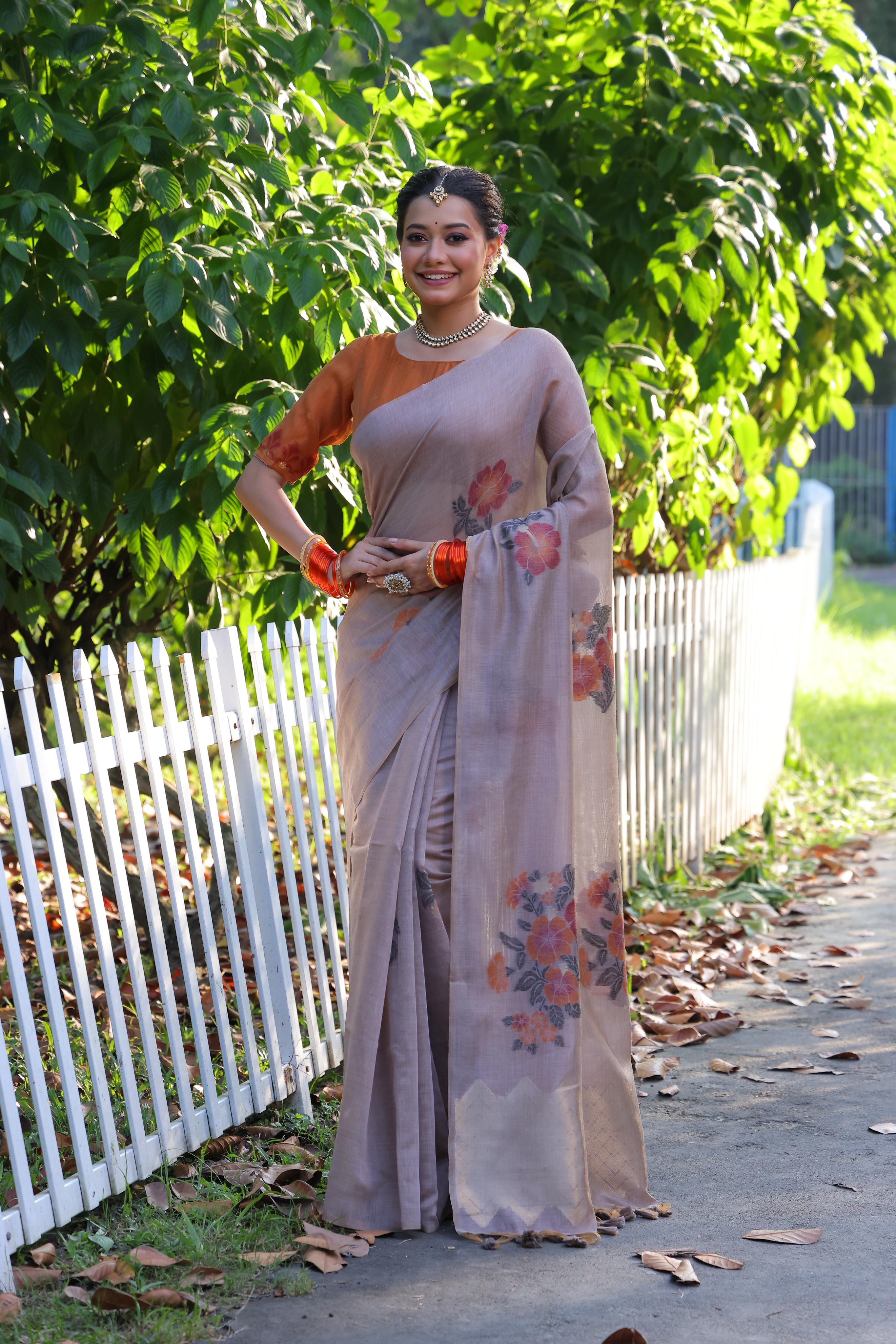 Muga Cotton Flower Pattern Saree - CHIKU