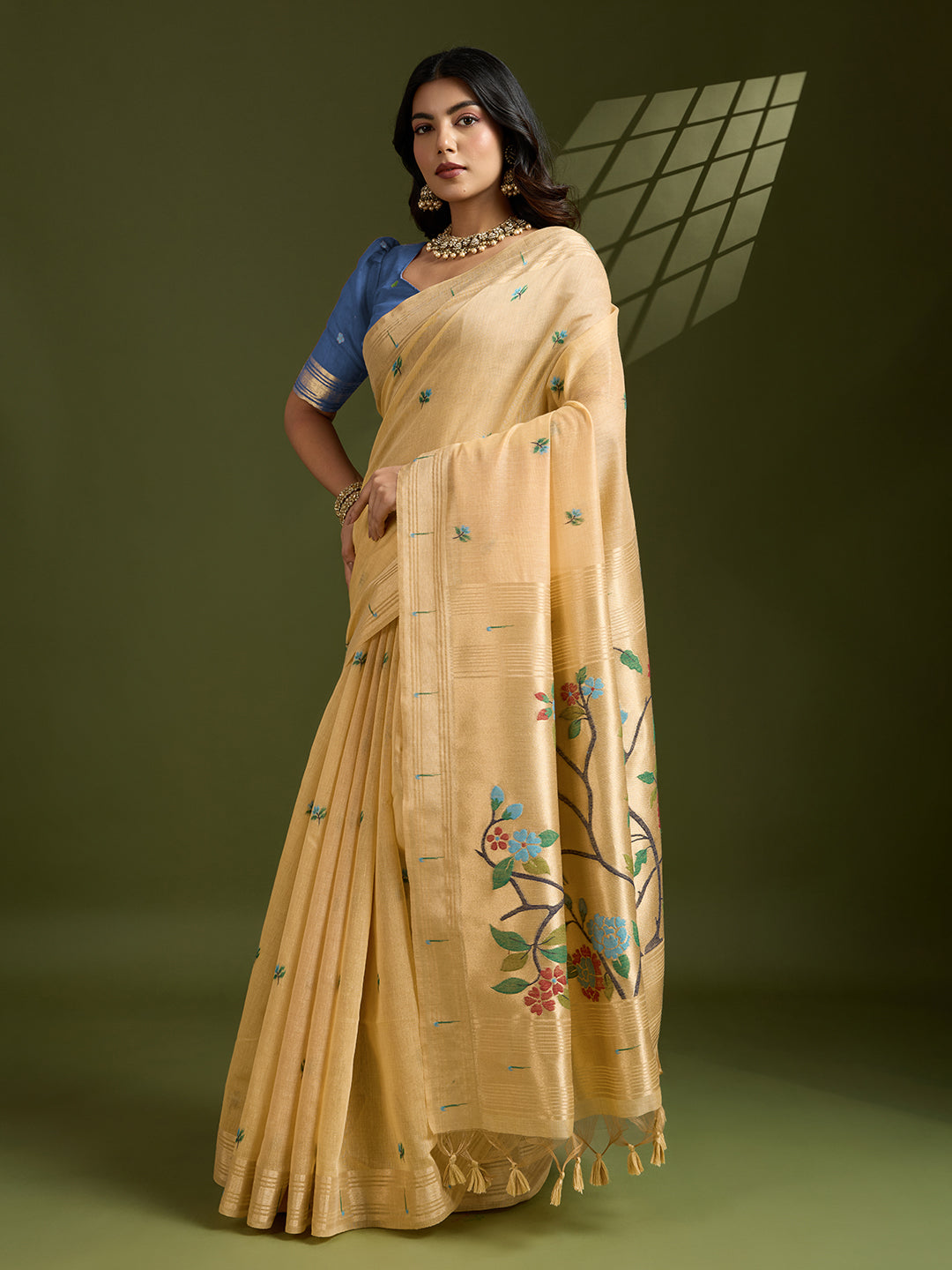 Muga Cotton Saree With Paithani Pallu - YELLOW