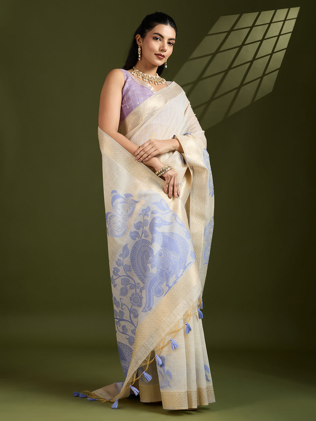 Muga Cotton Saree With Kalamkari Design - R.BLUE