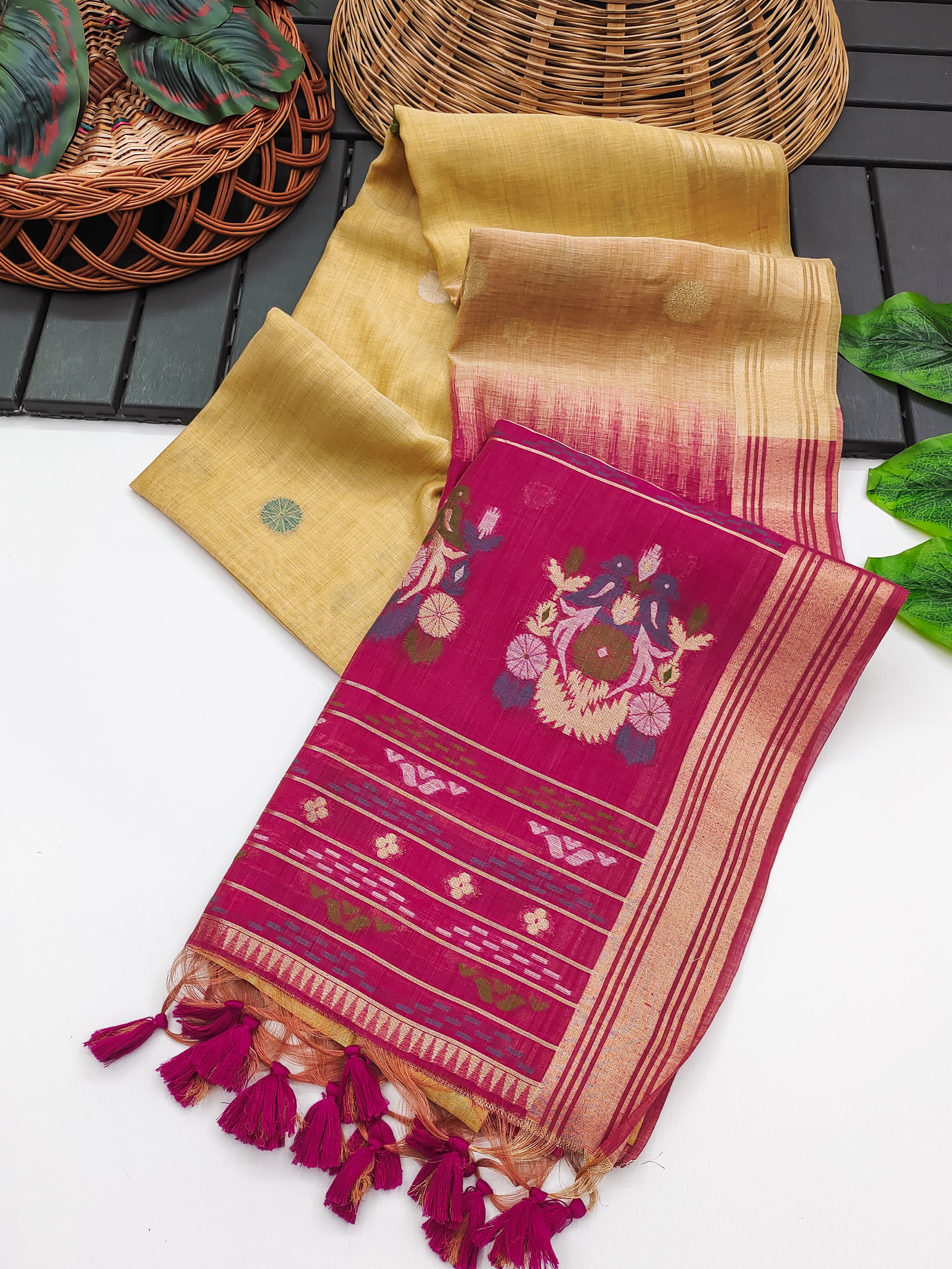 Muga Cotton Saree With Floral Design - YELLOW