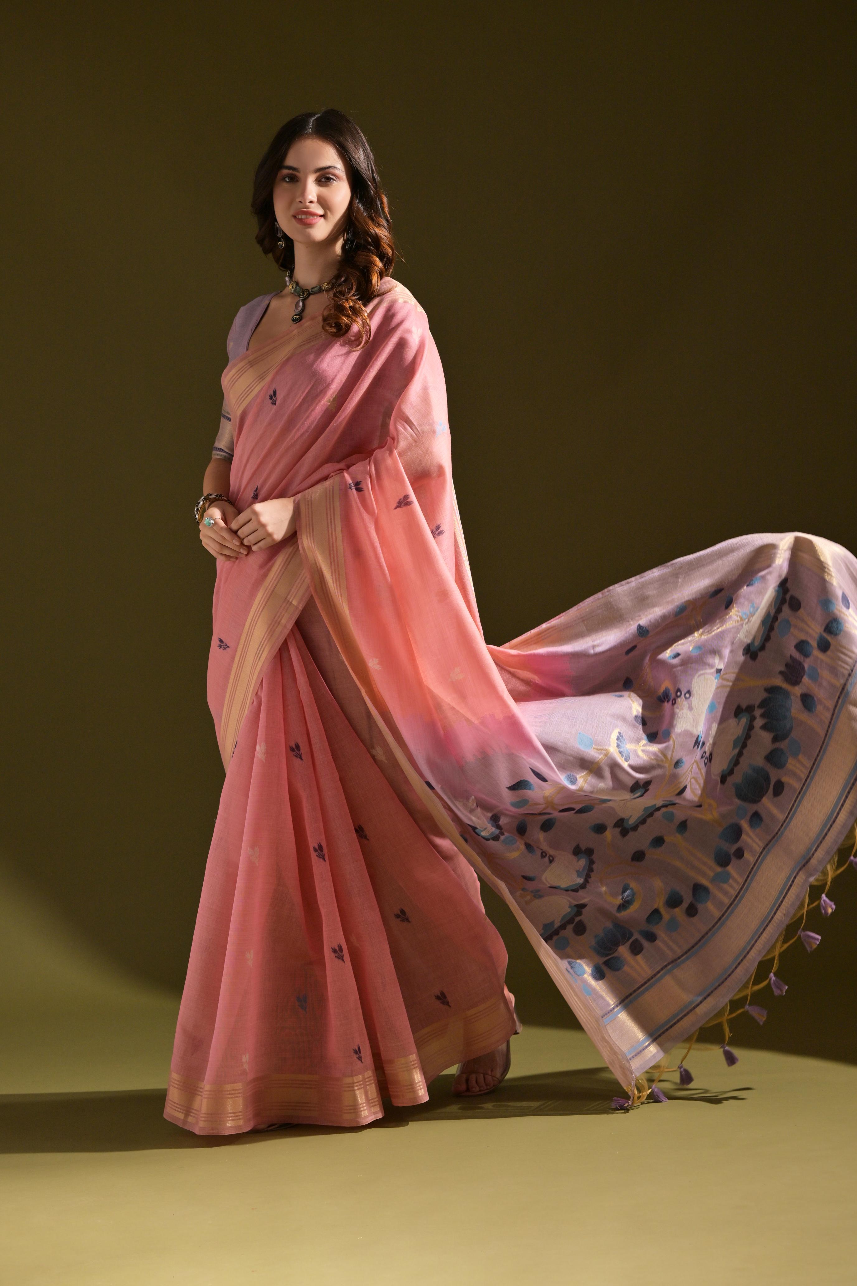 Muga Cotton Saree With Pichwai Pallu - PINK