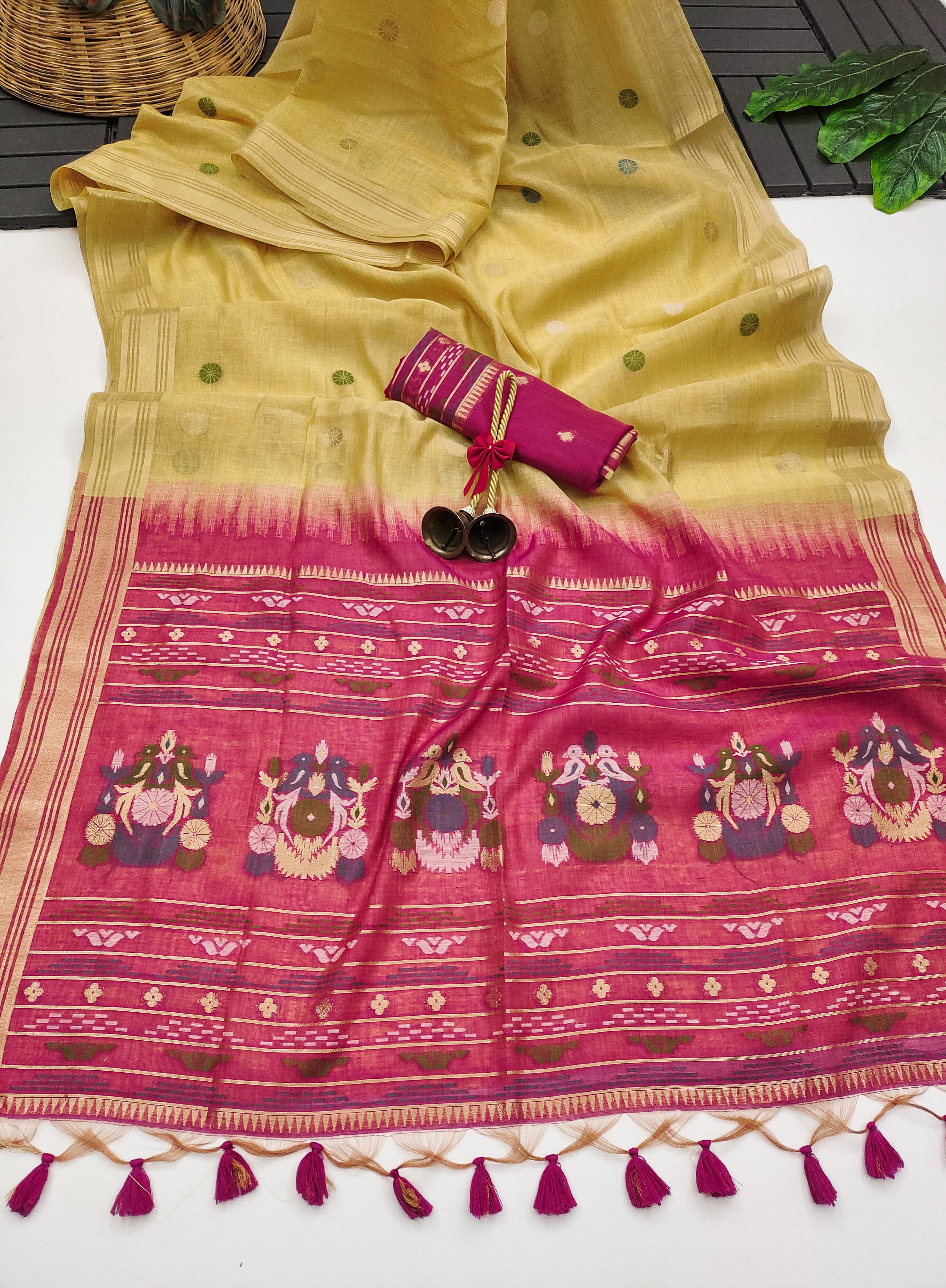 Muga Cotton Saree With Floral Design - YELLOW