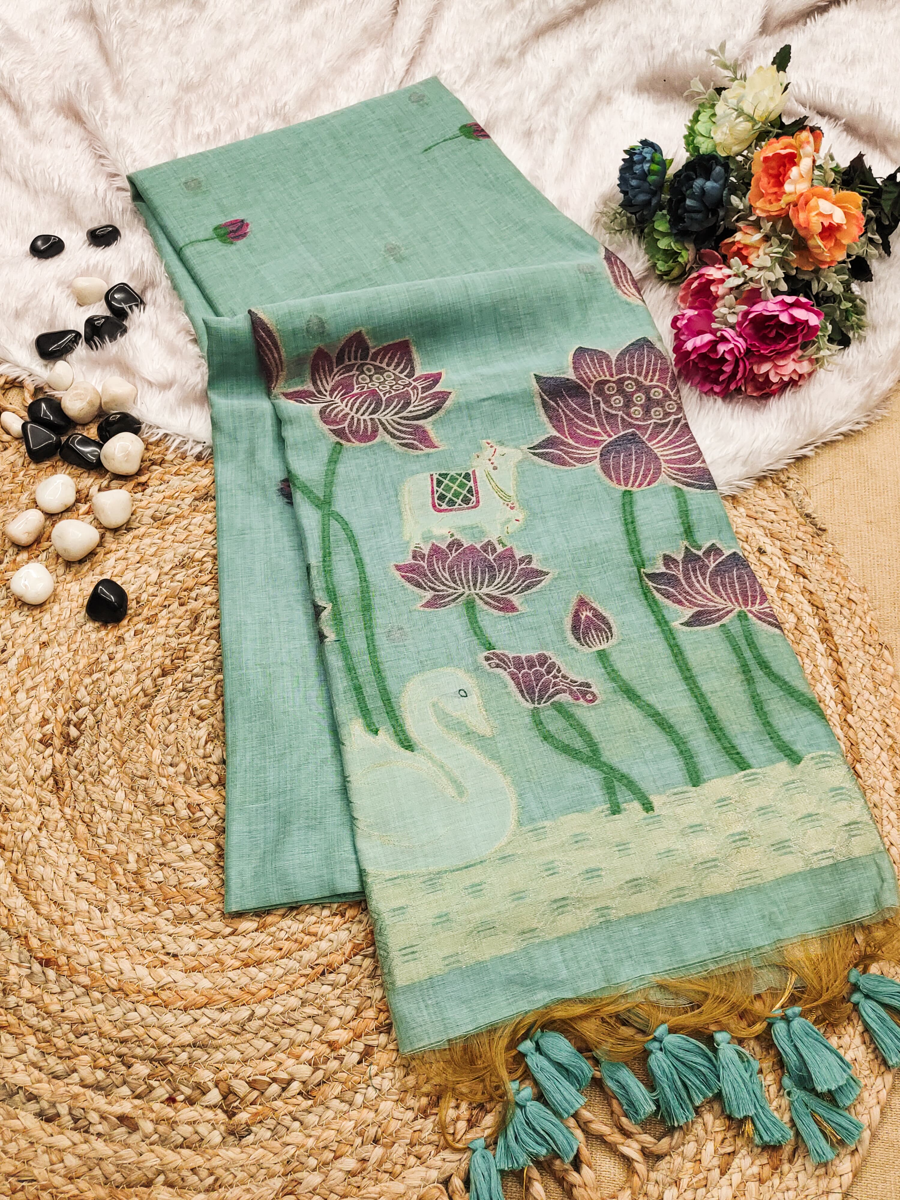 Muga Cotton Saree With Hans Lotus Design - Firozi