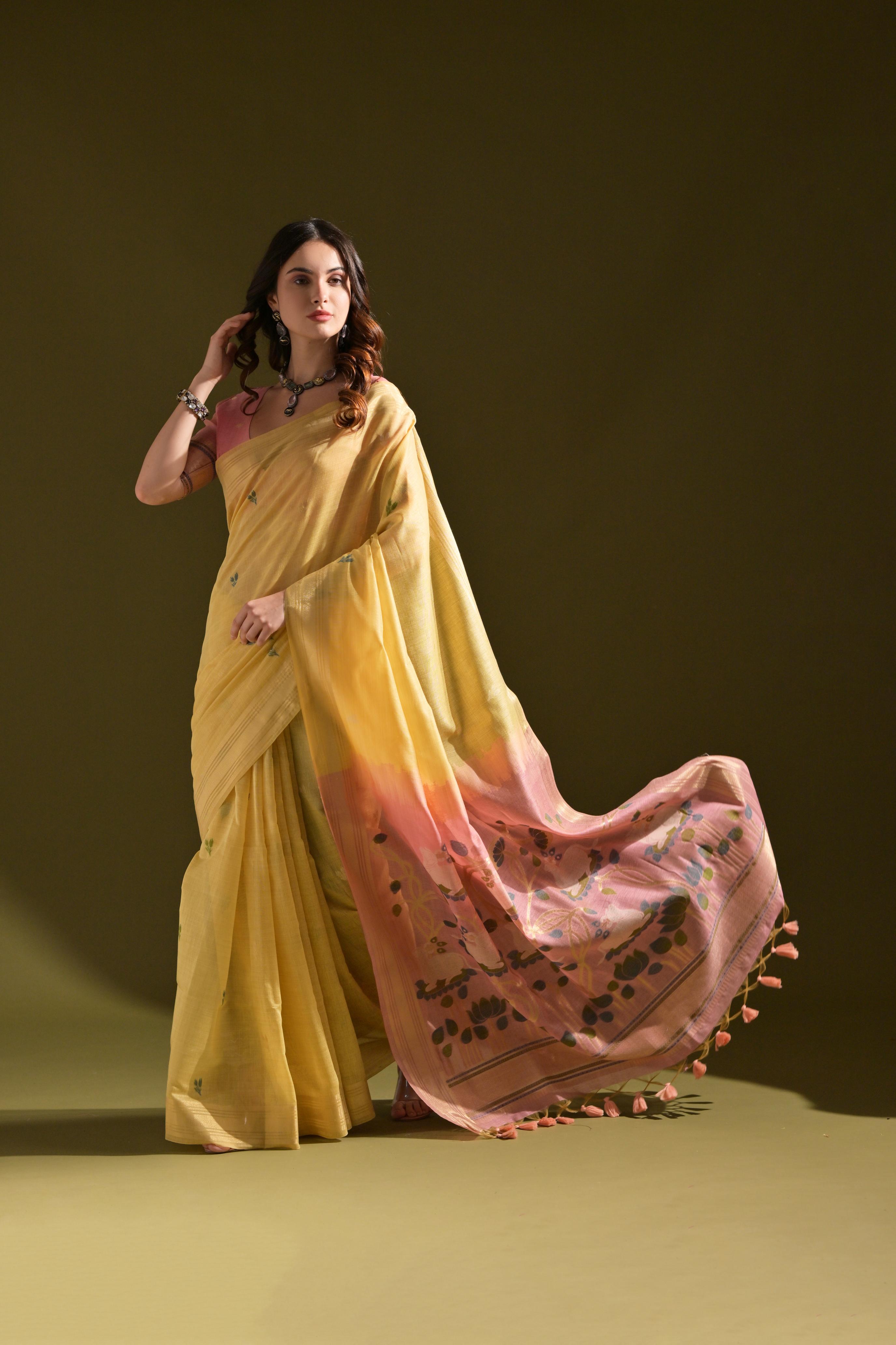 Muga Cotton Saree With Pichwai Pallu - YELLOW