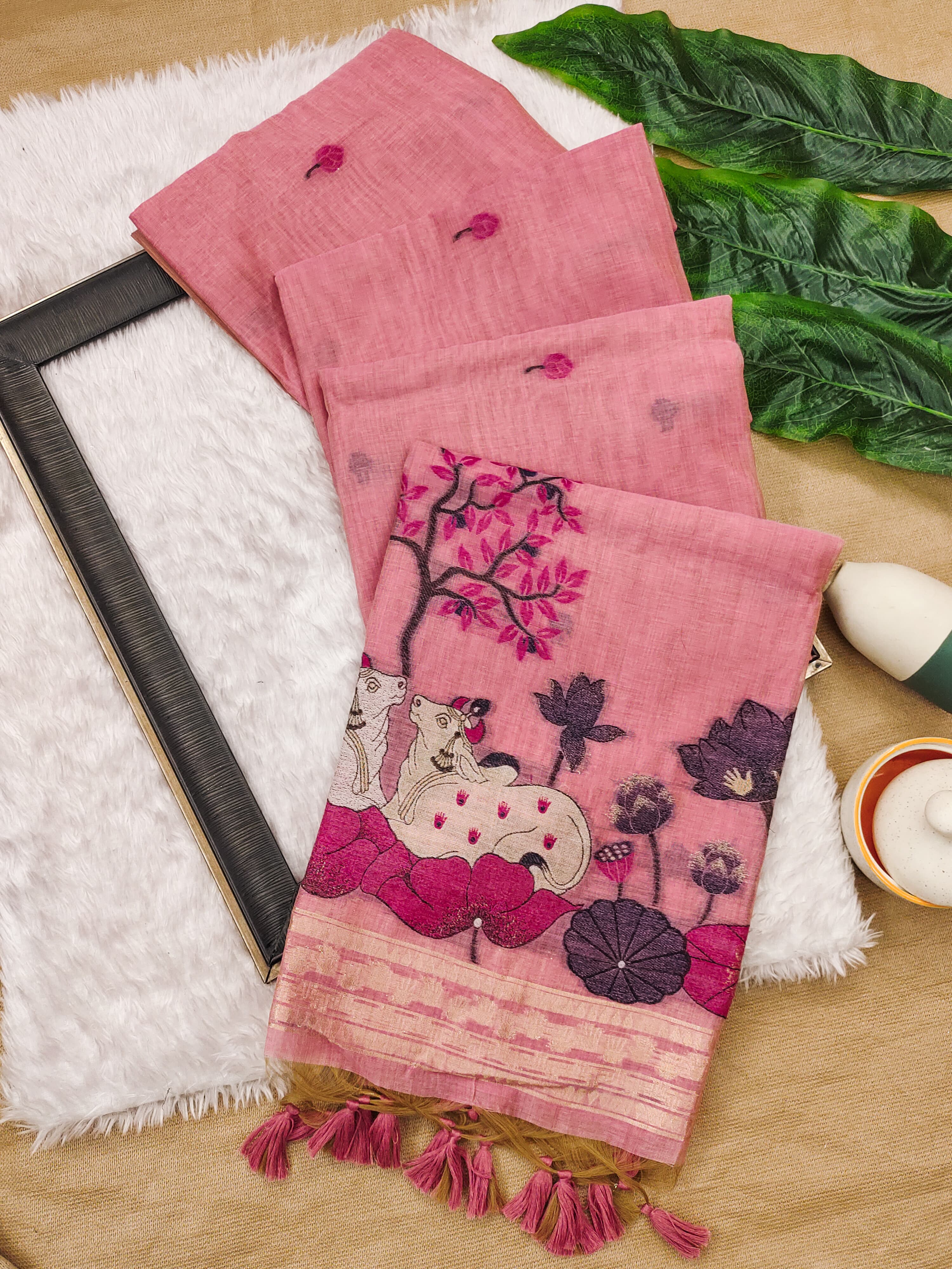 Muga Cotton Saree With Designer Pichwai Pallu - PINK