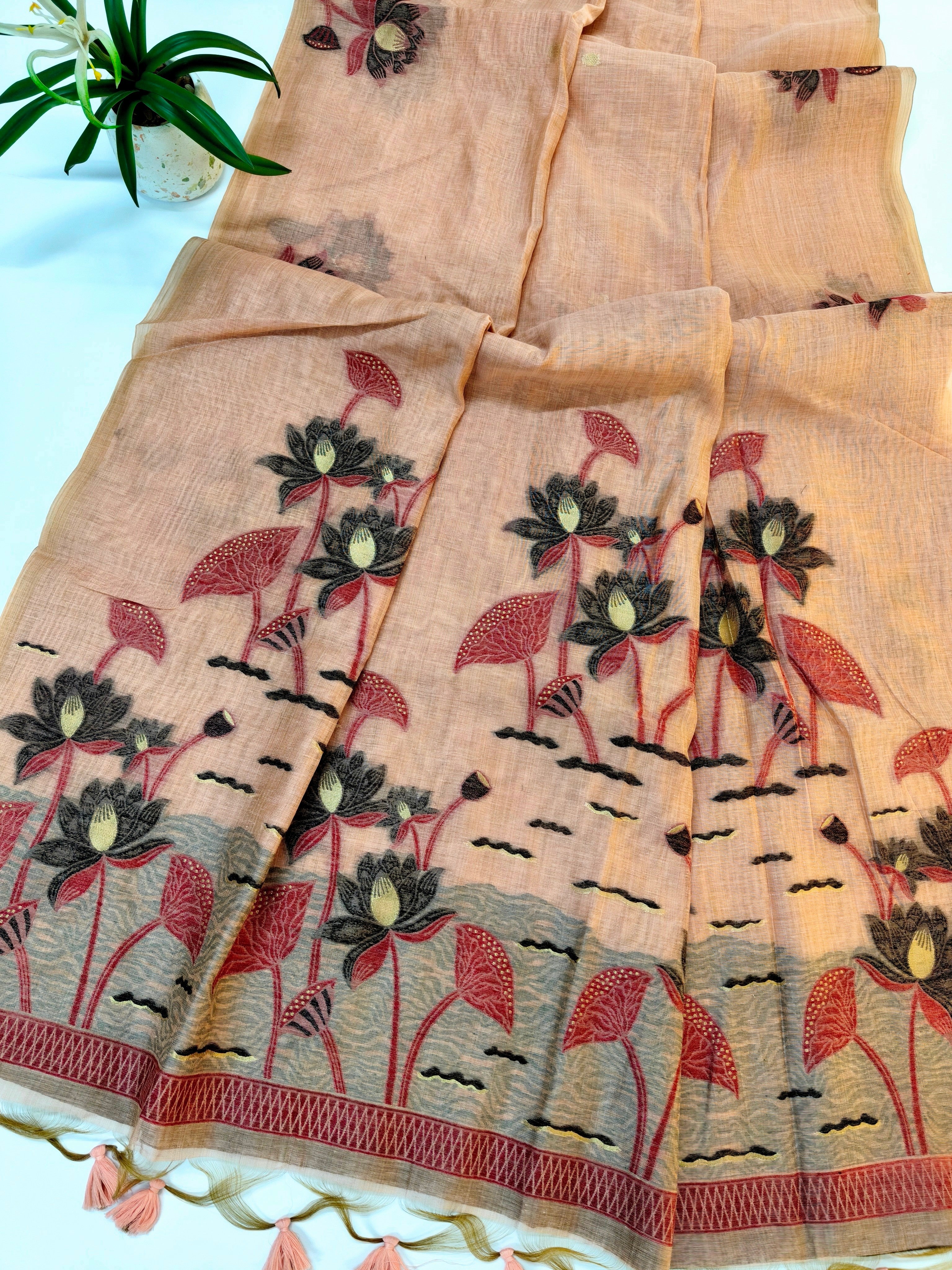 Muga Cotton Saree With Classic Pichwai Pattern - PEACH