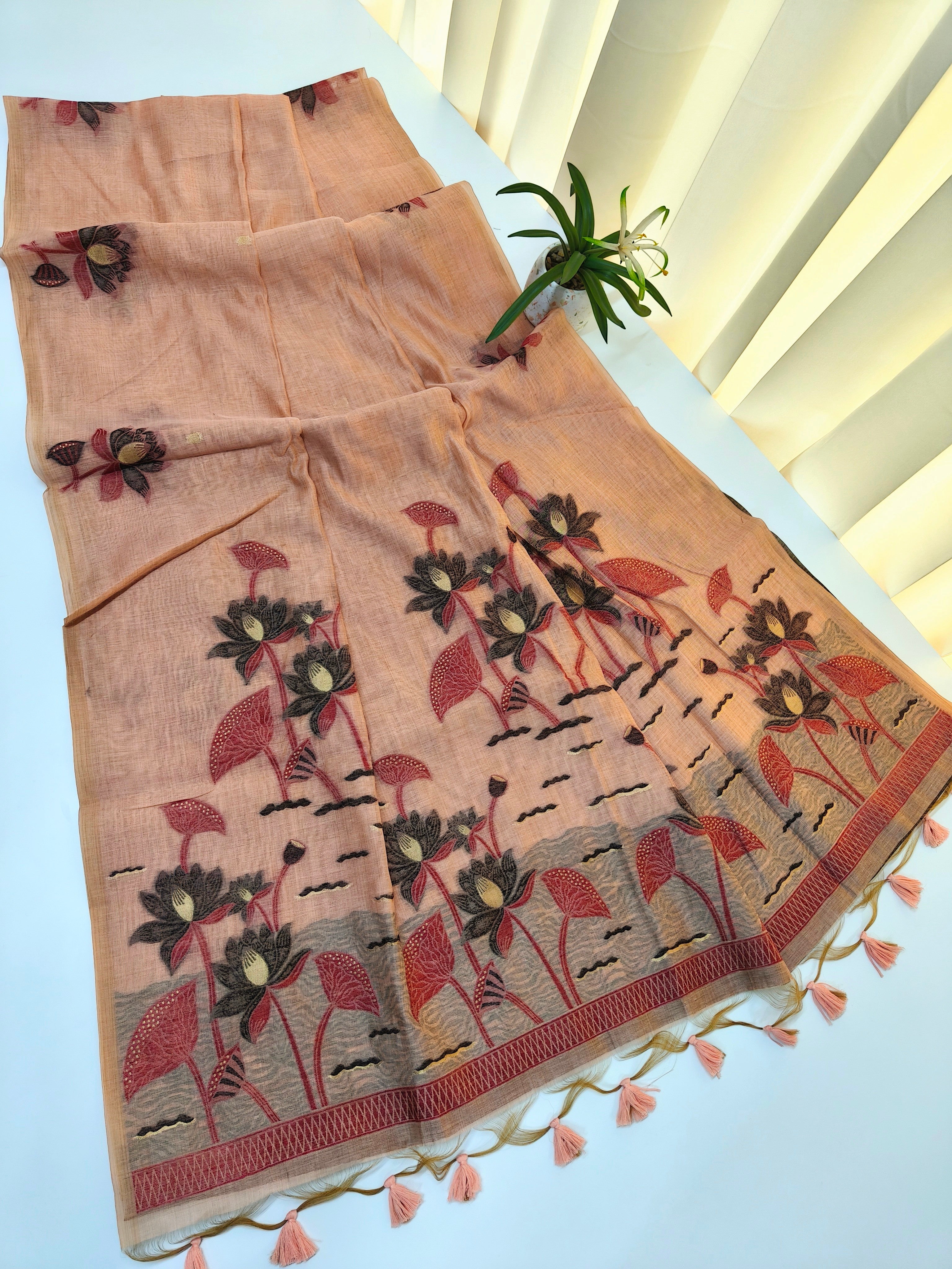 Muga Cotton Saree With Classic Pichwai Pattern - PEACH