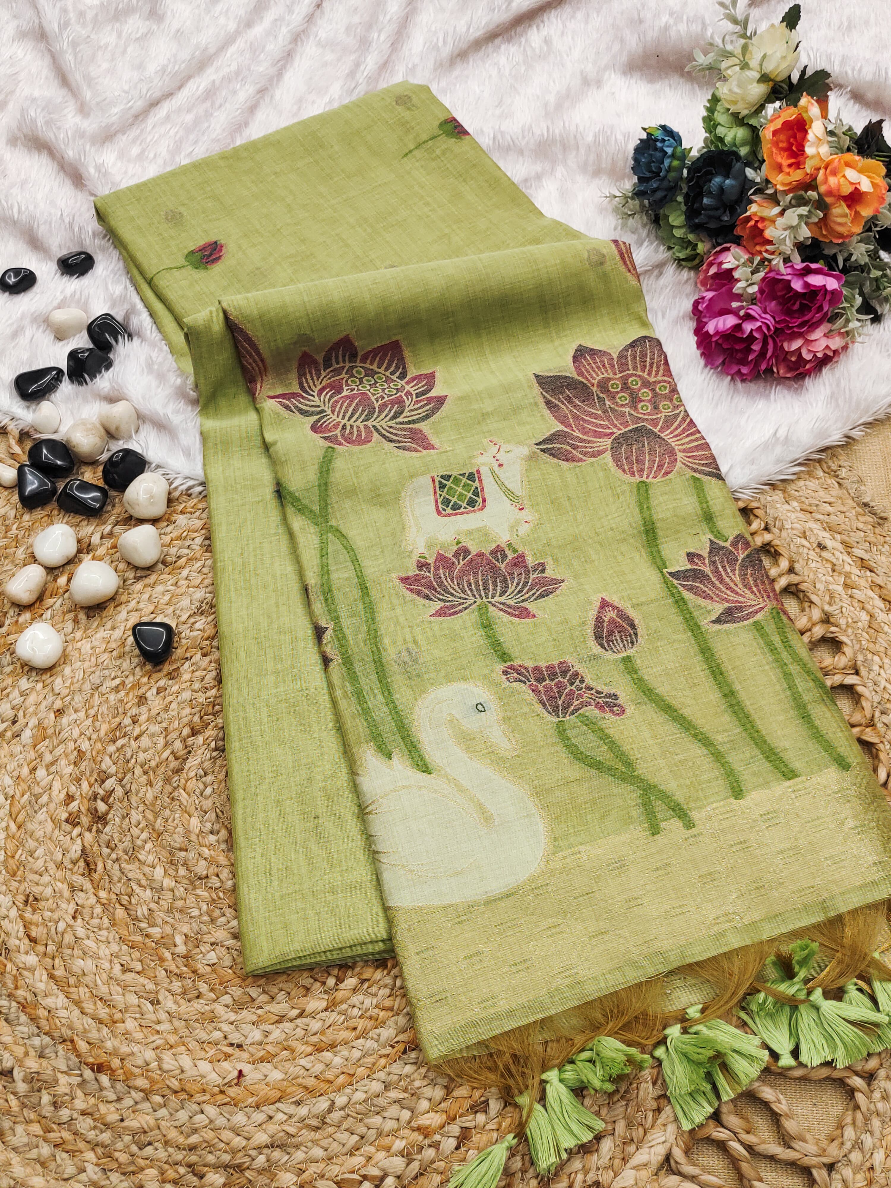 Muga Cotton Saree With Hans Lotus Design - Pista