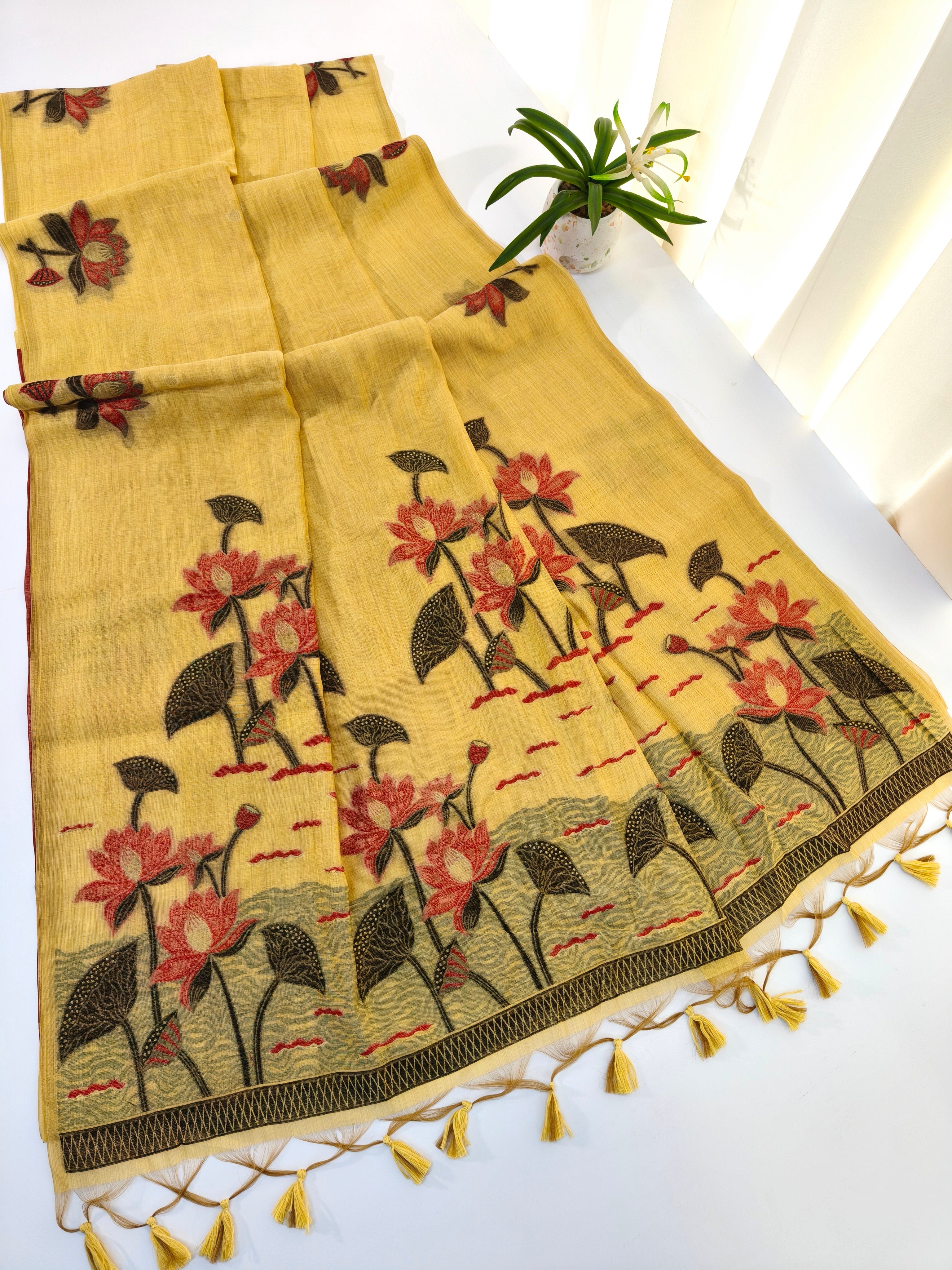 Muga Cotton Saree With Classic Pichwai Pattern - YELLOW