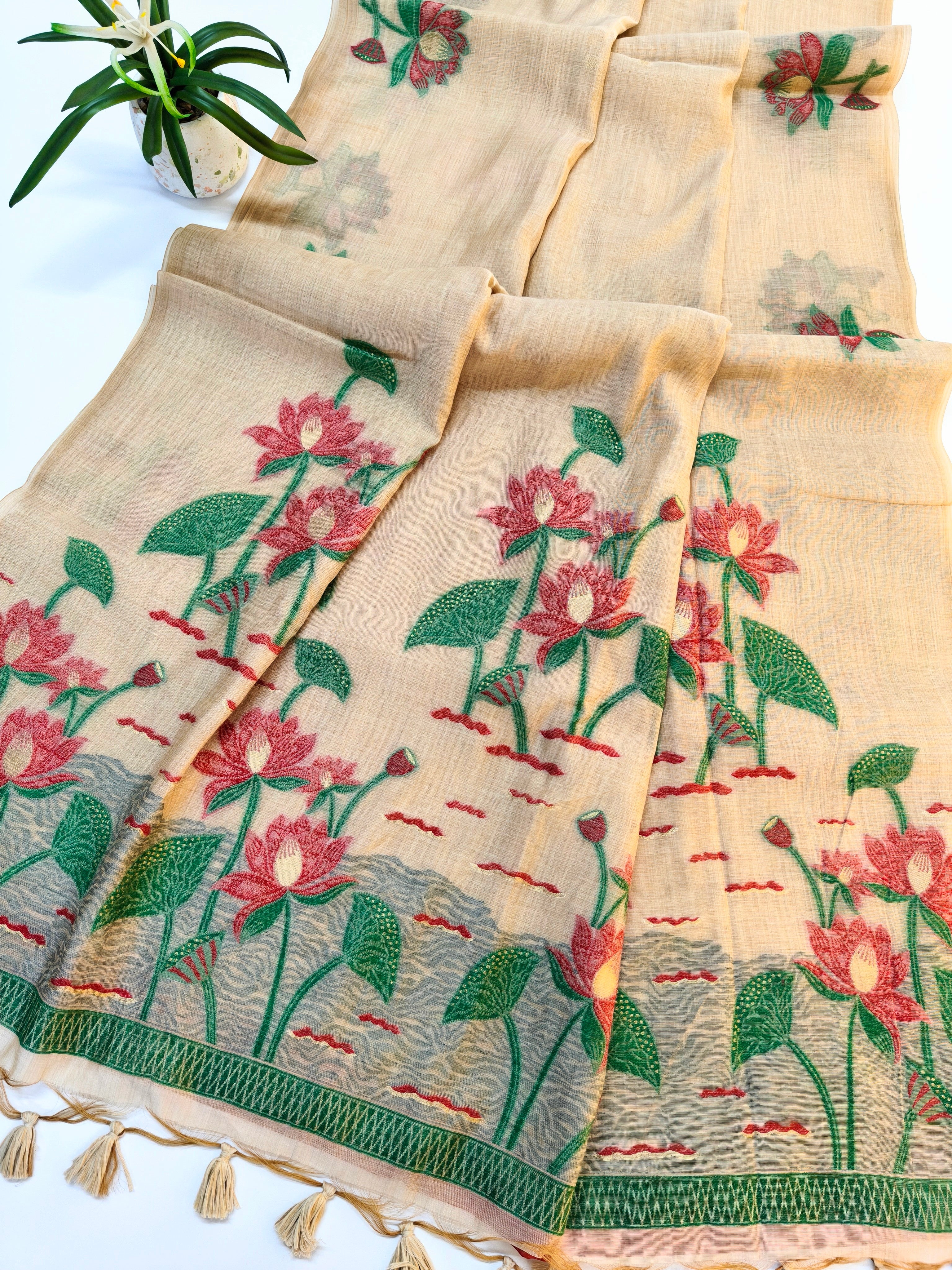 Muga Cotton Saree With Classic Pichwai Pattern - CHIKU
