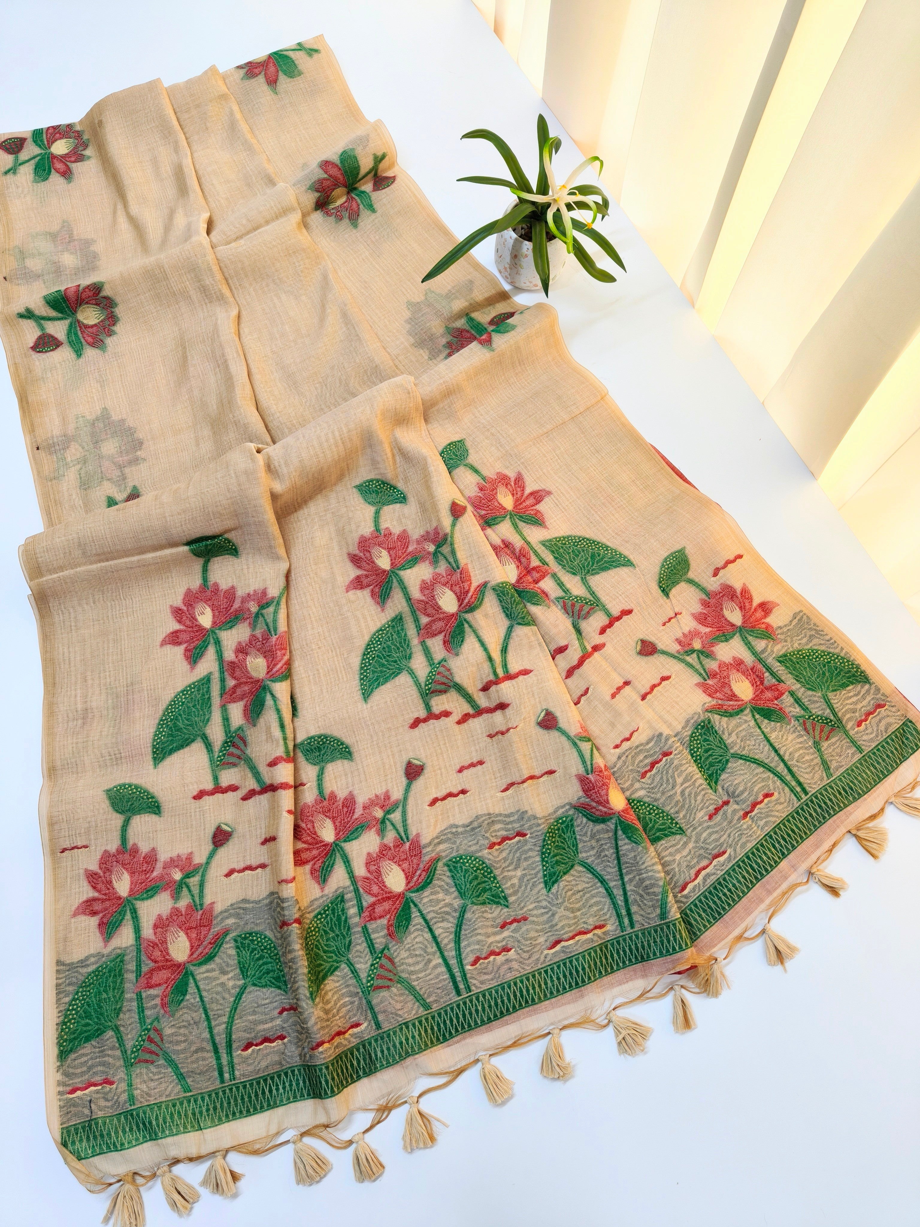 Muga Cotton Saree With Classic Pichwai Pattern - CHIKU