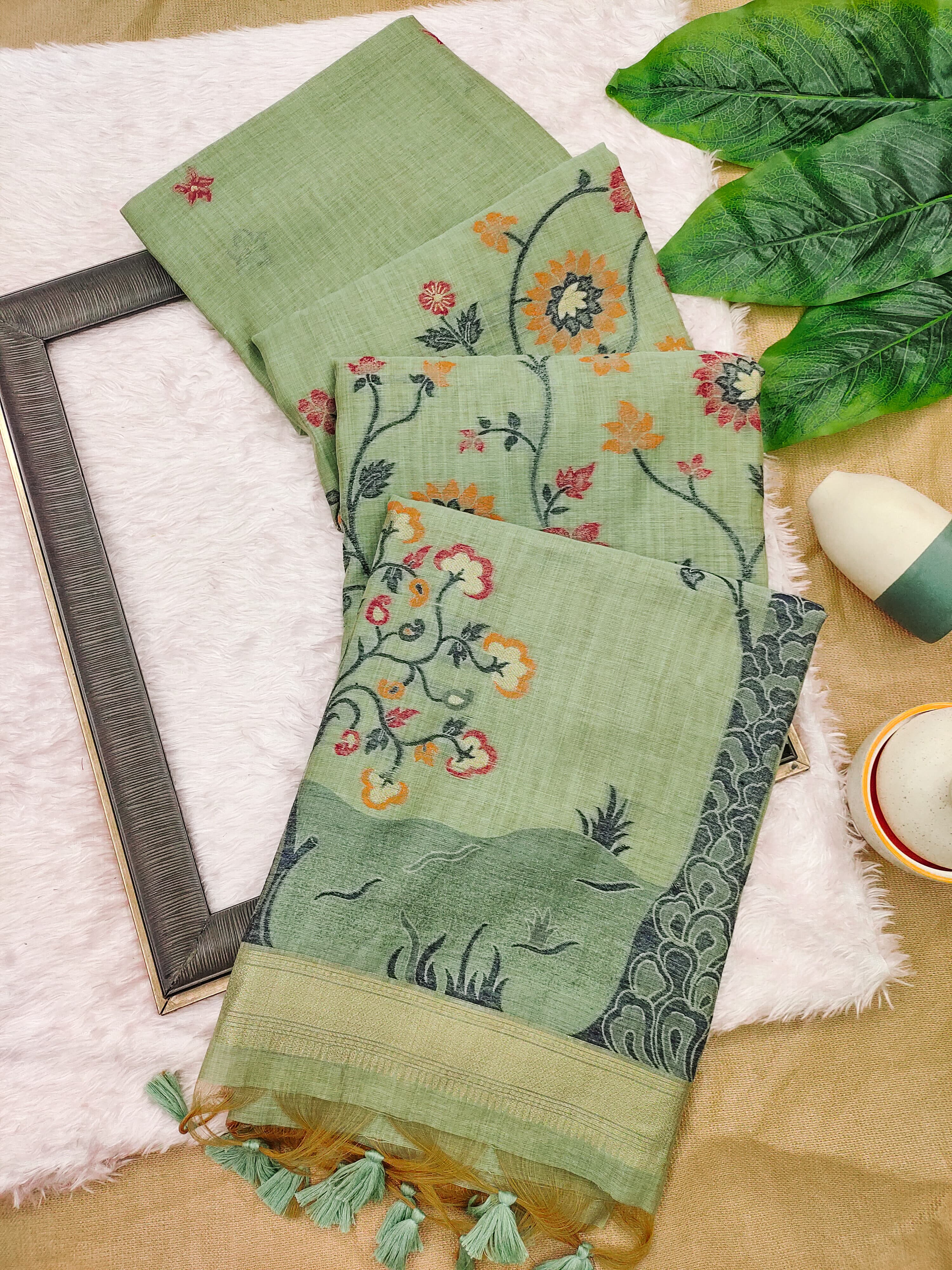 Muga Cotton Saree With Tree Floral Design - Pista