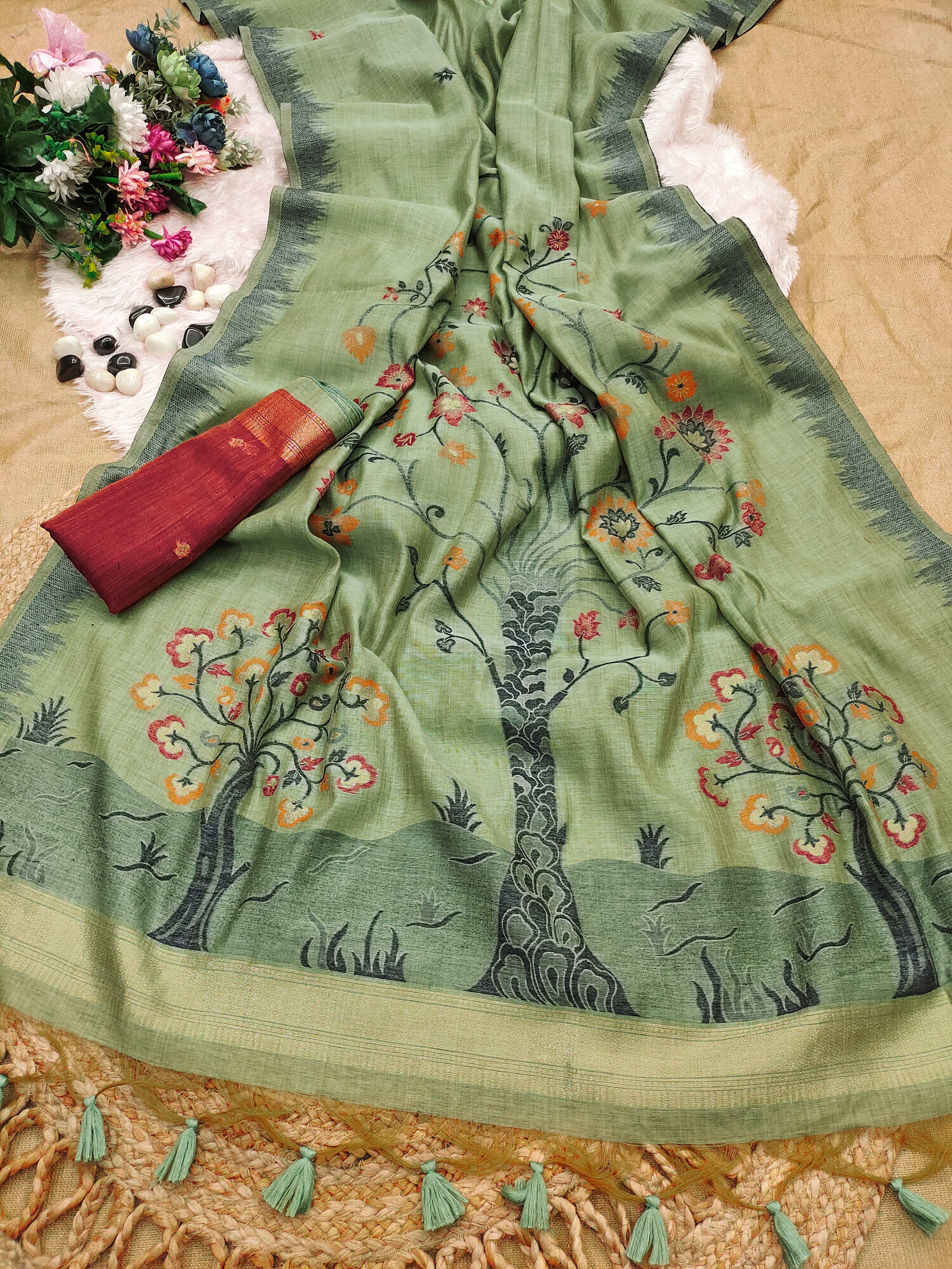 Muga Cotton Saree With Tree Floral Design - Pista