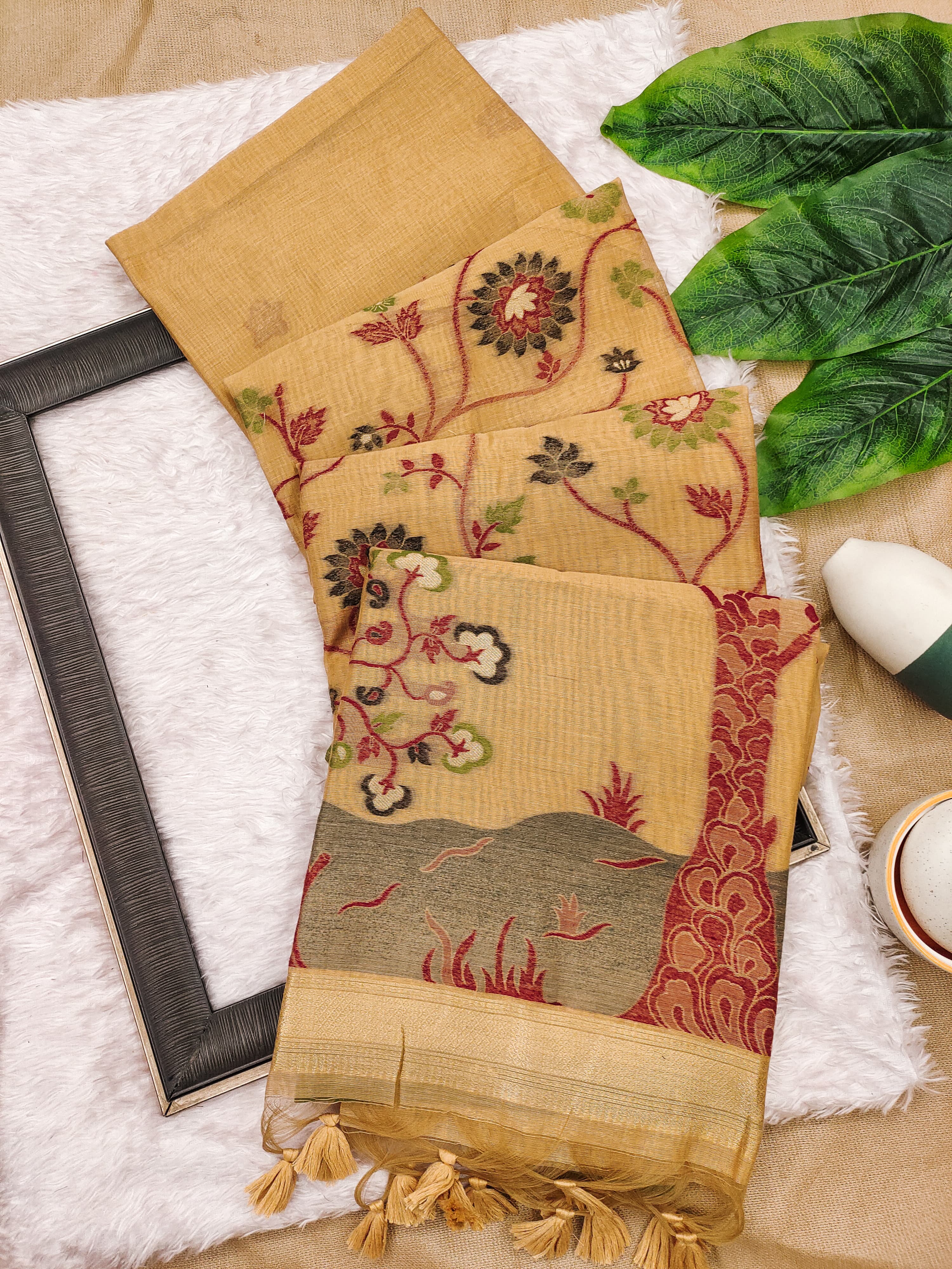 Muga Cotton Saree With Tree Floral Design - Yellow