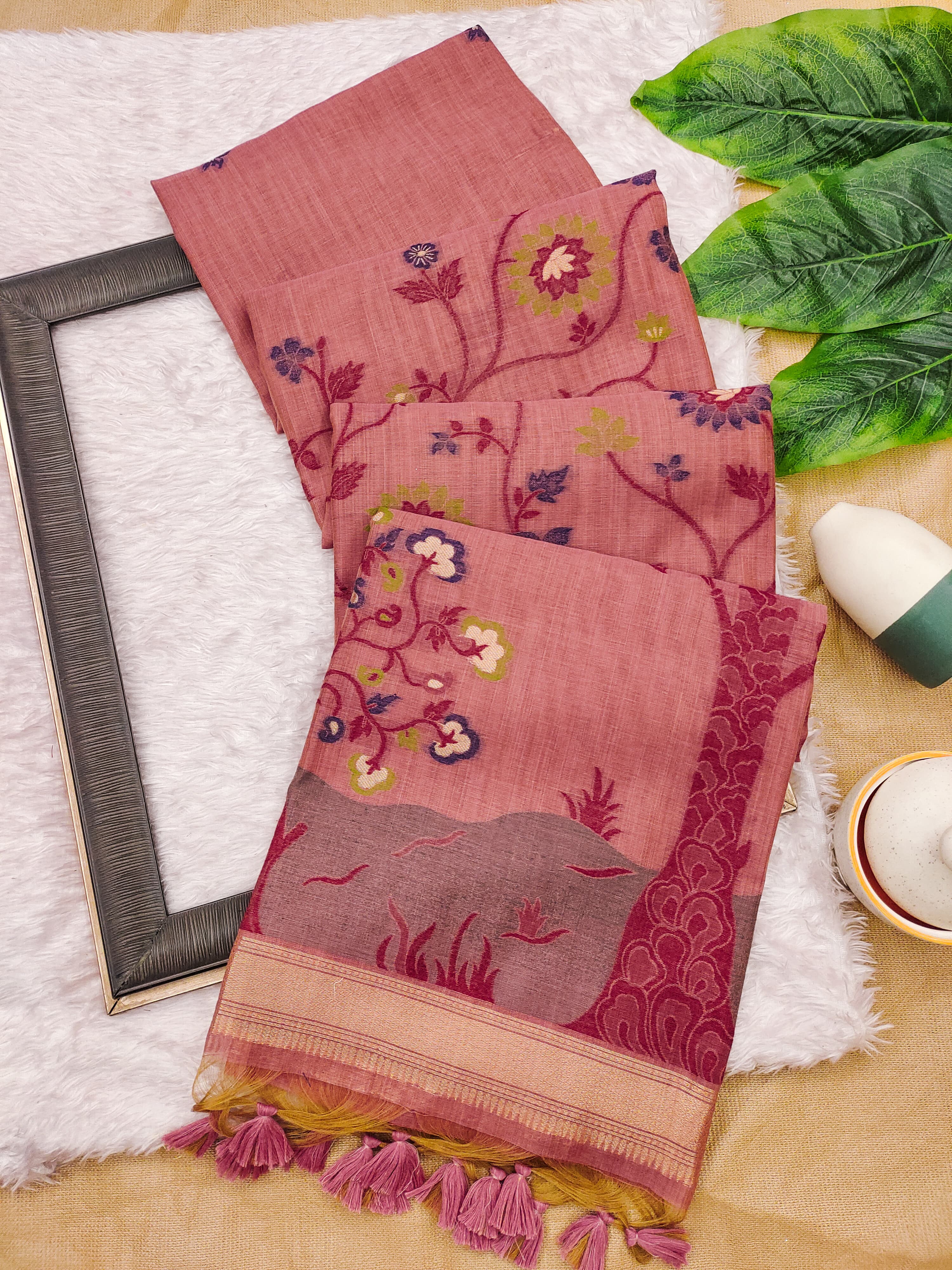Muga Cotton Saree With Tree Floral Design - Red