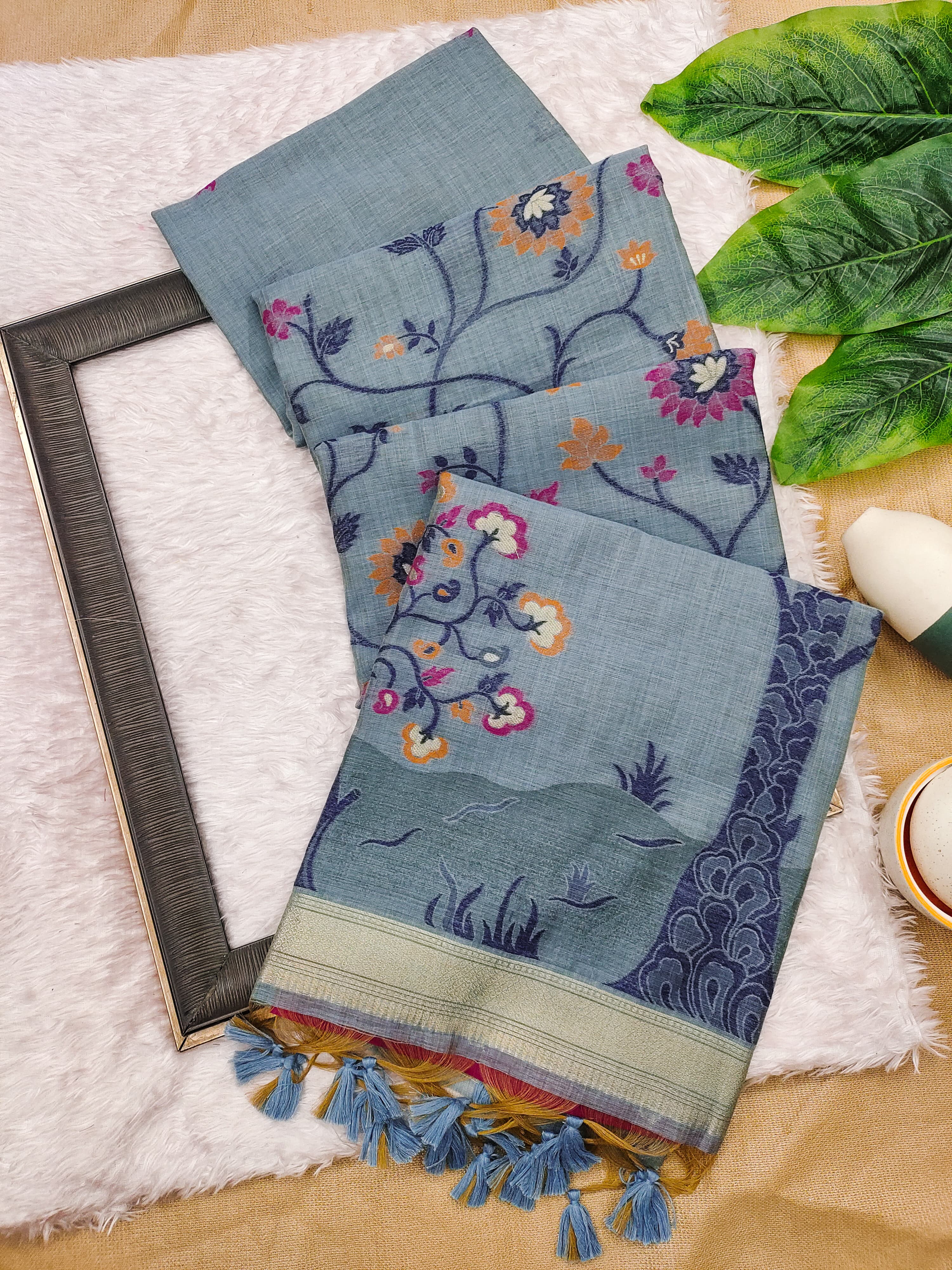 Muga Cotton Saree With Tree Floral Design - Blue