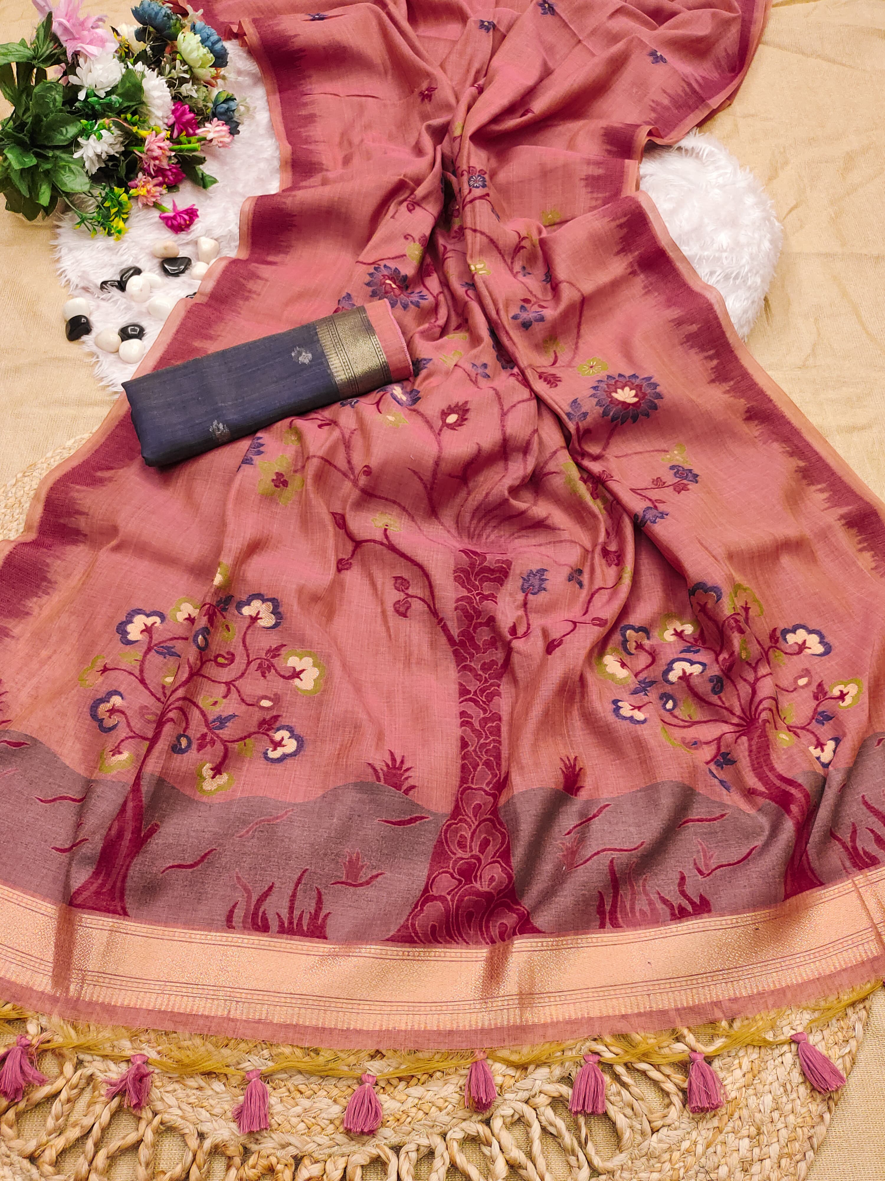 Muga Cotton Saree With Tree Floral Design - Red
