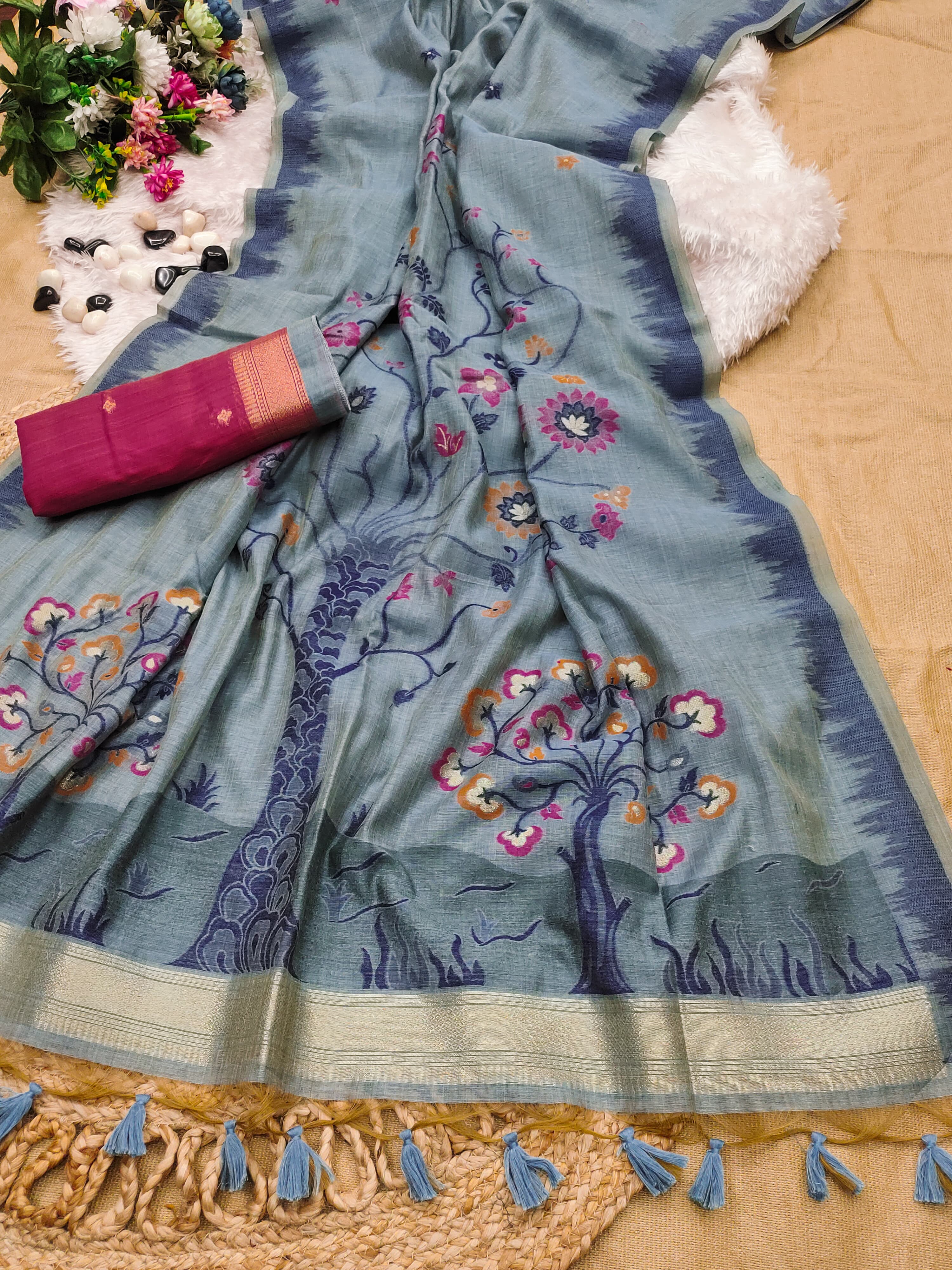 Muga Cotton Saree With Tree Floral Design - Blue