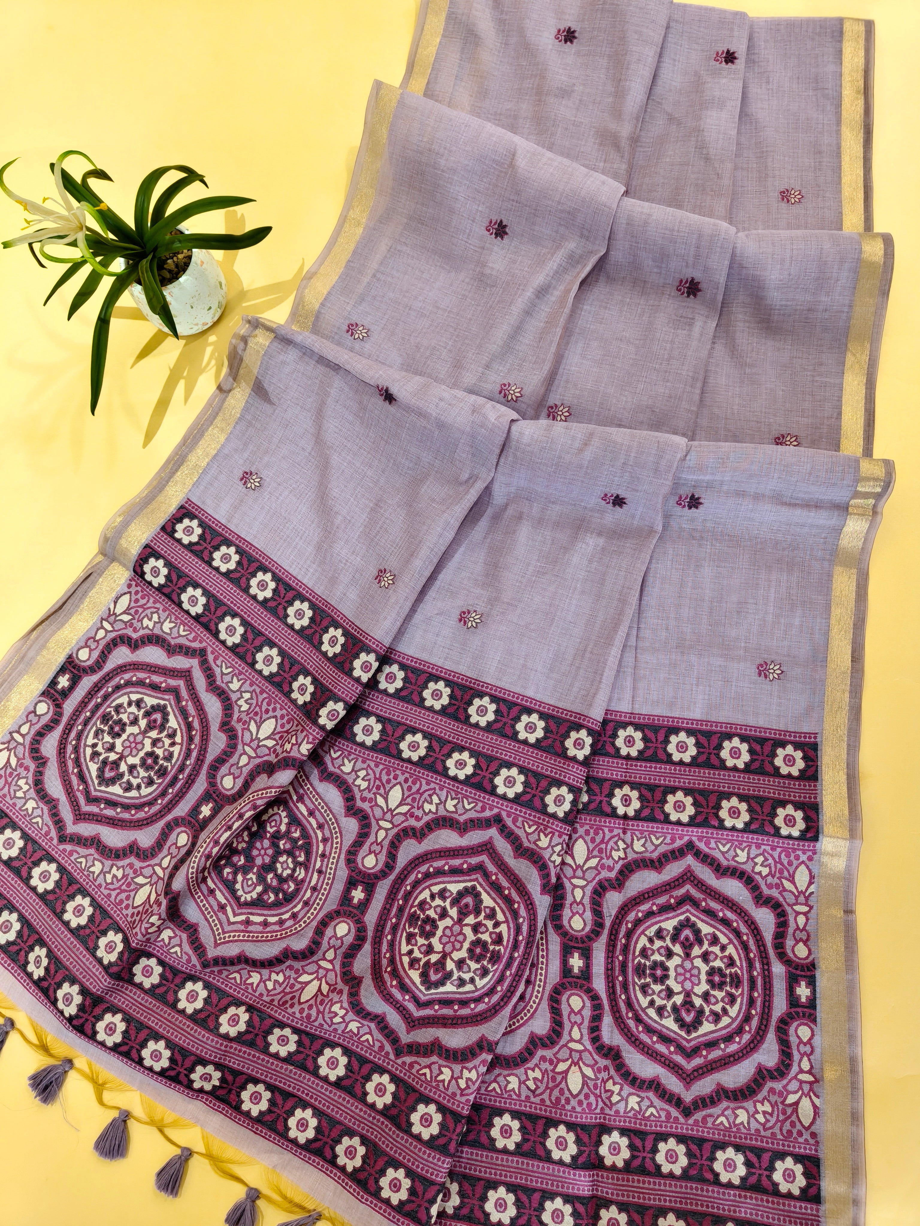 Muga Cotton Saree With Ajrakh Pattern - PURPLE