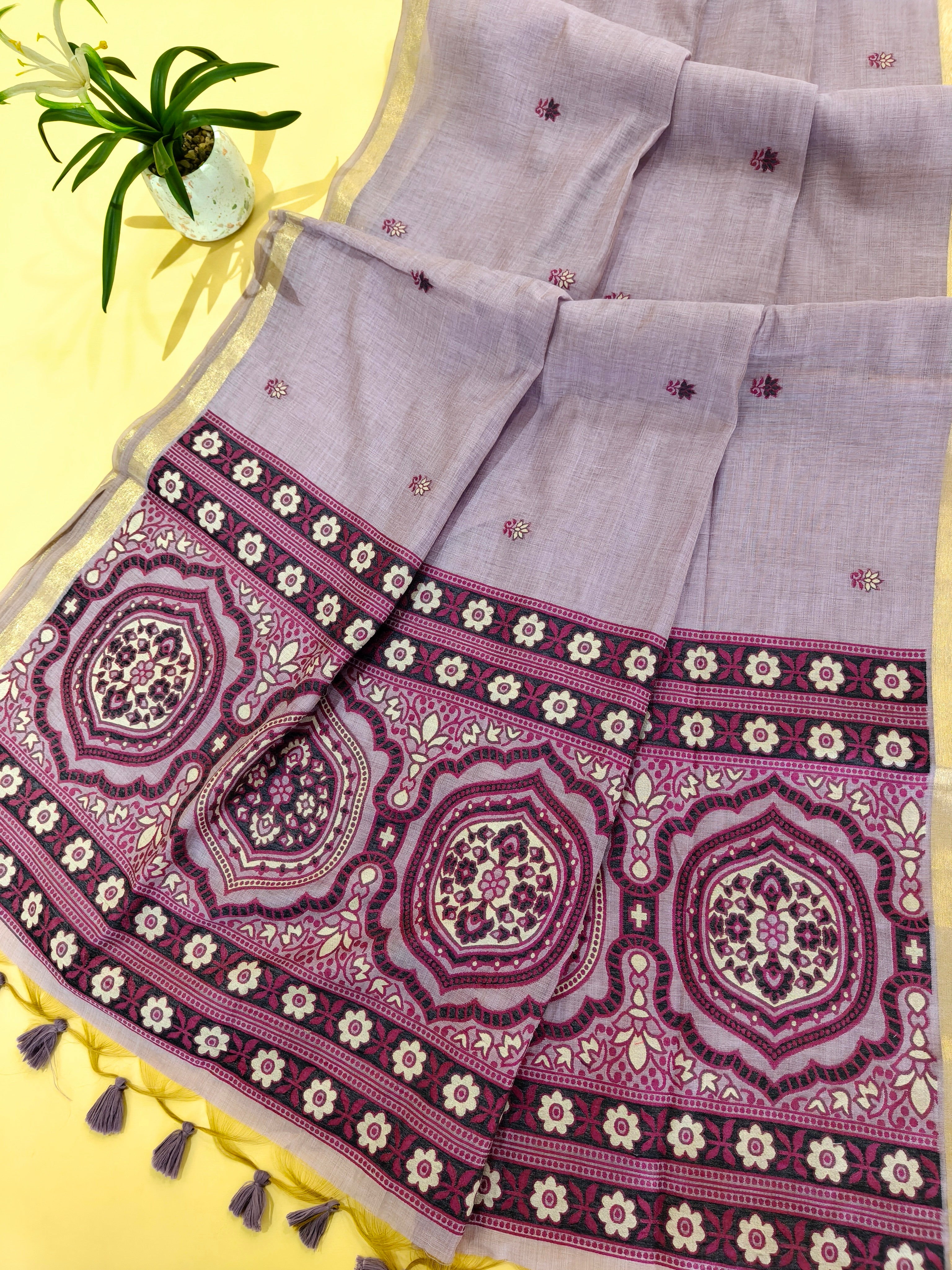 Muga Cotton Saree With Ajrakh Pattern - PURPLE