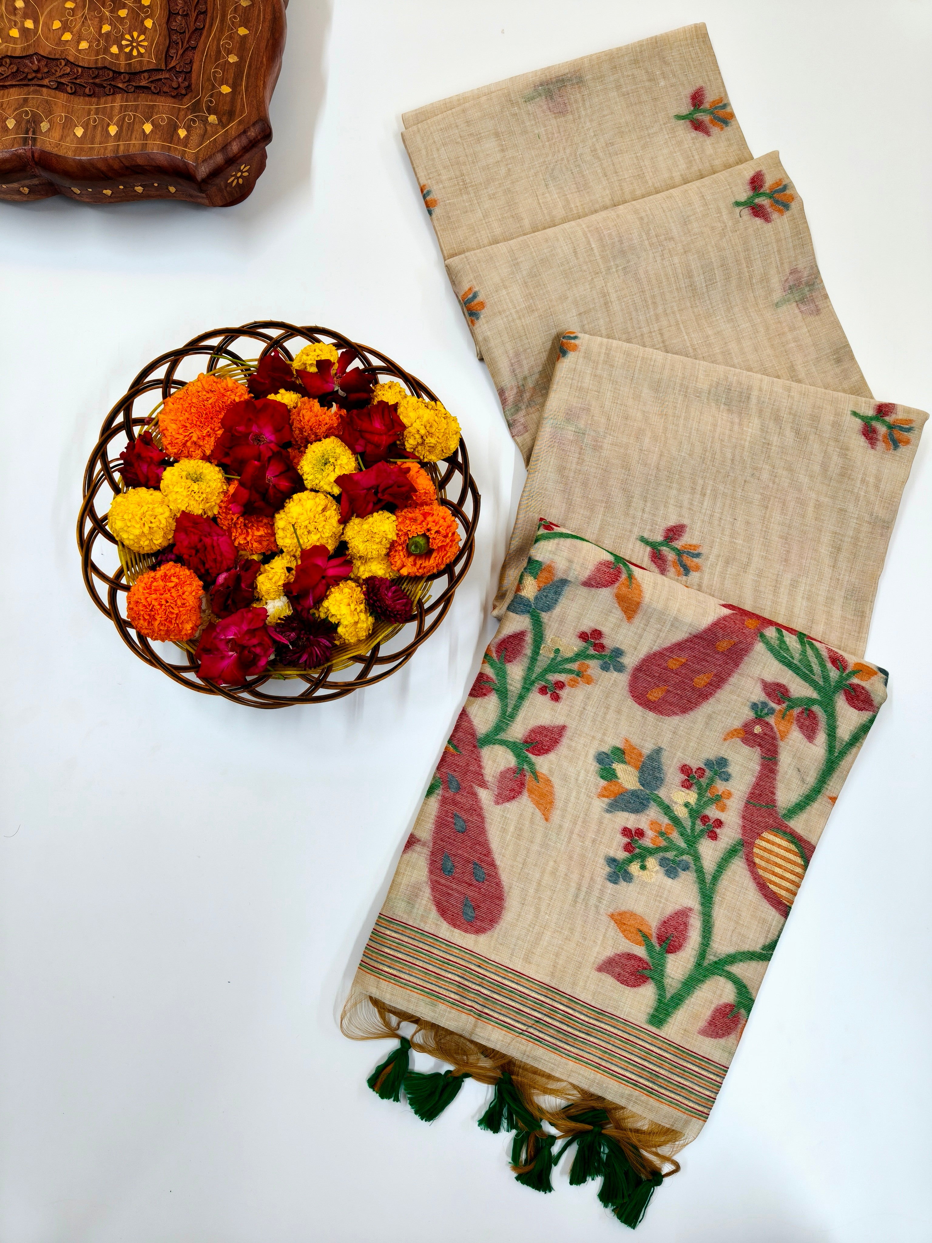 Muga Cotton Saree With Peacock Design - RED