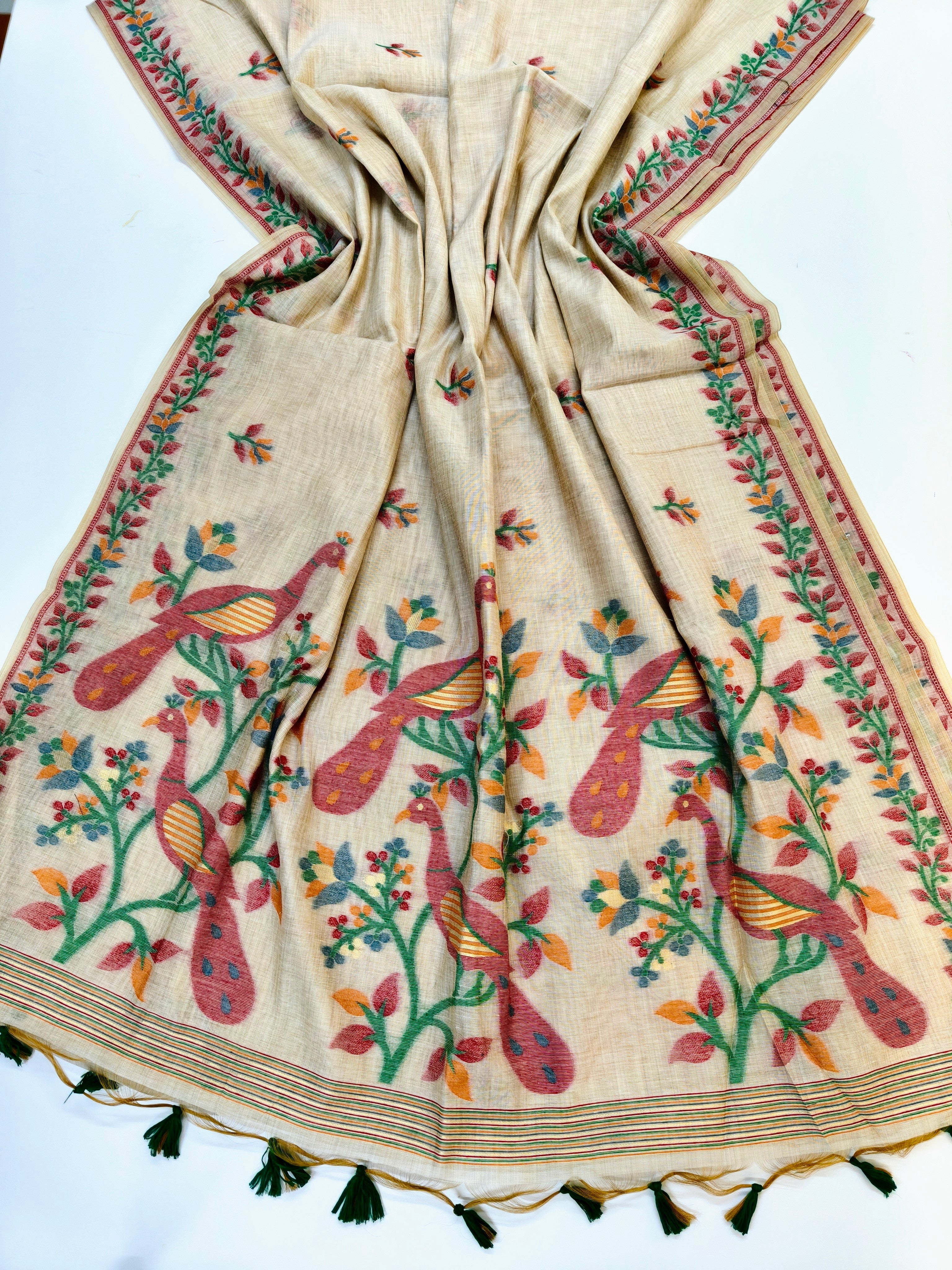 Muga Cotton Saree With Peacock Design - RED