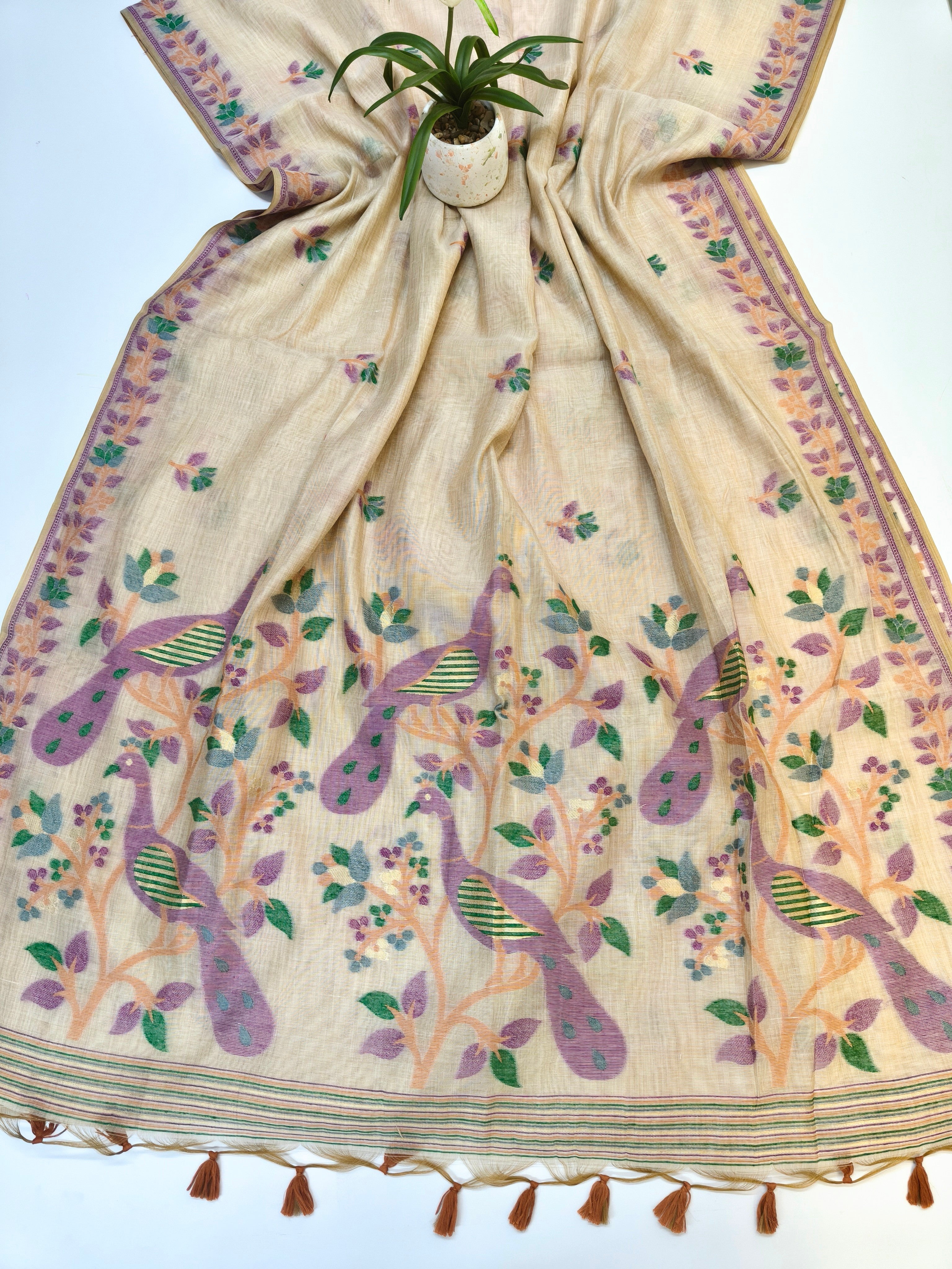 Muga Cotton Saree With Peacock Design - PURPLE