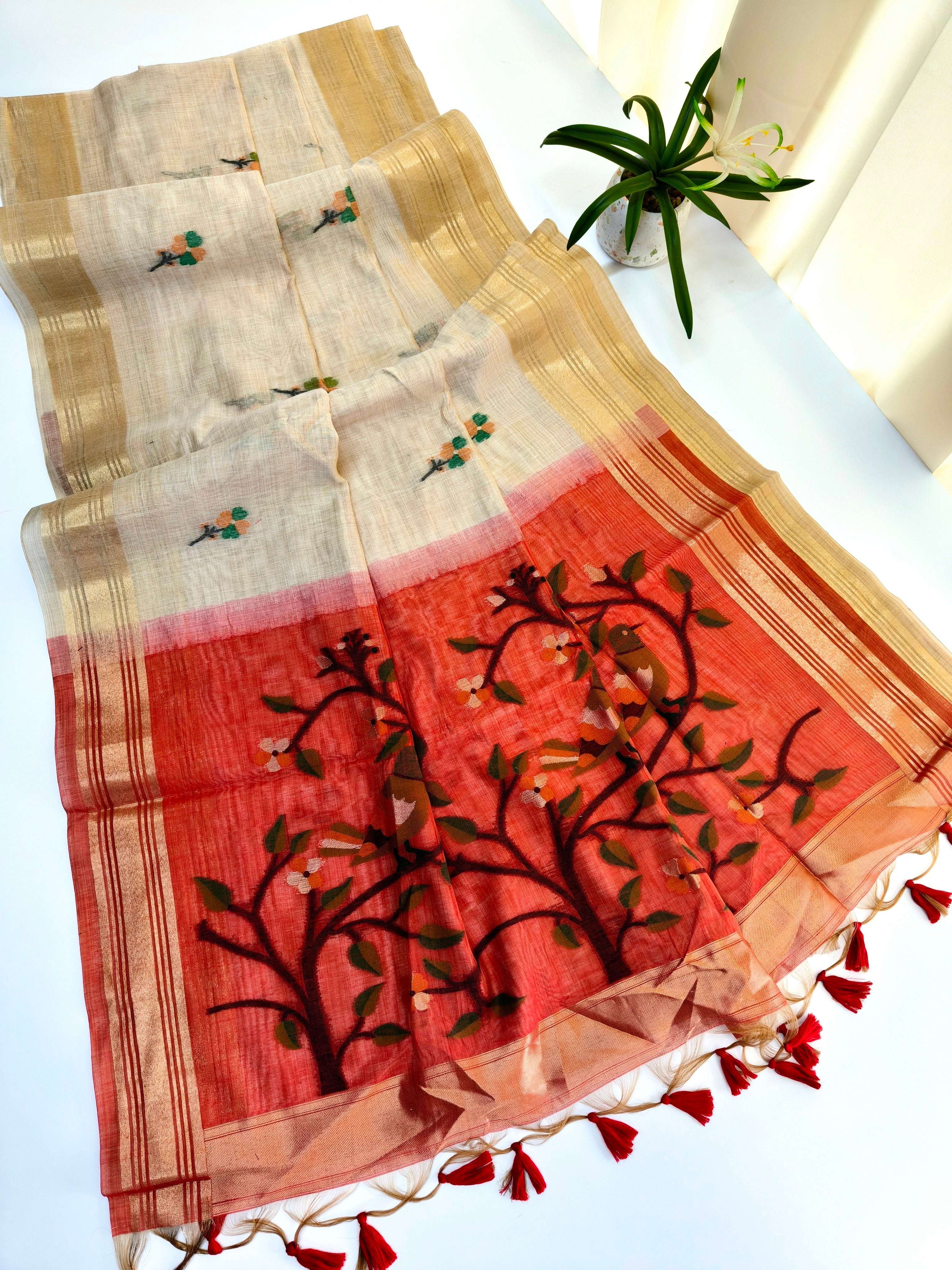 Muga Cotton Saree With Paithani Pattern - WHITE