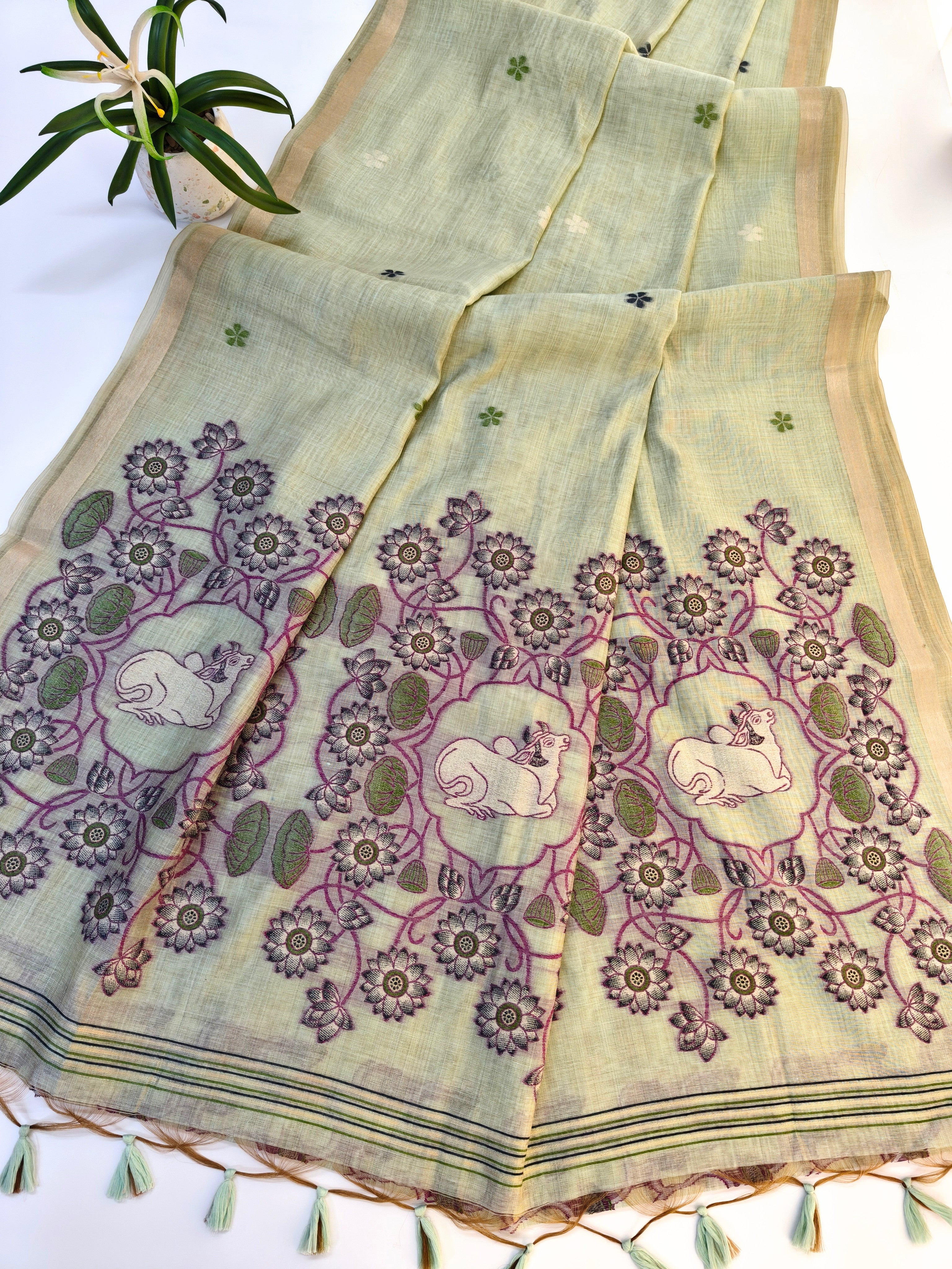 Muga Cotton Saree With Pichwai Pattern - PISTA