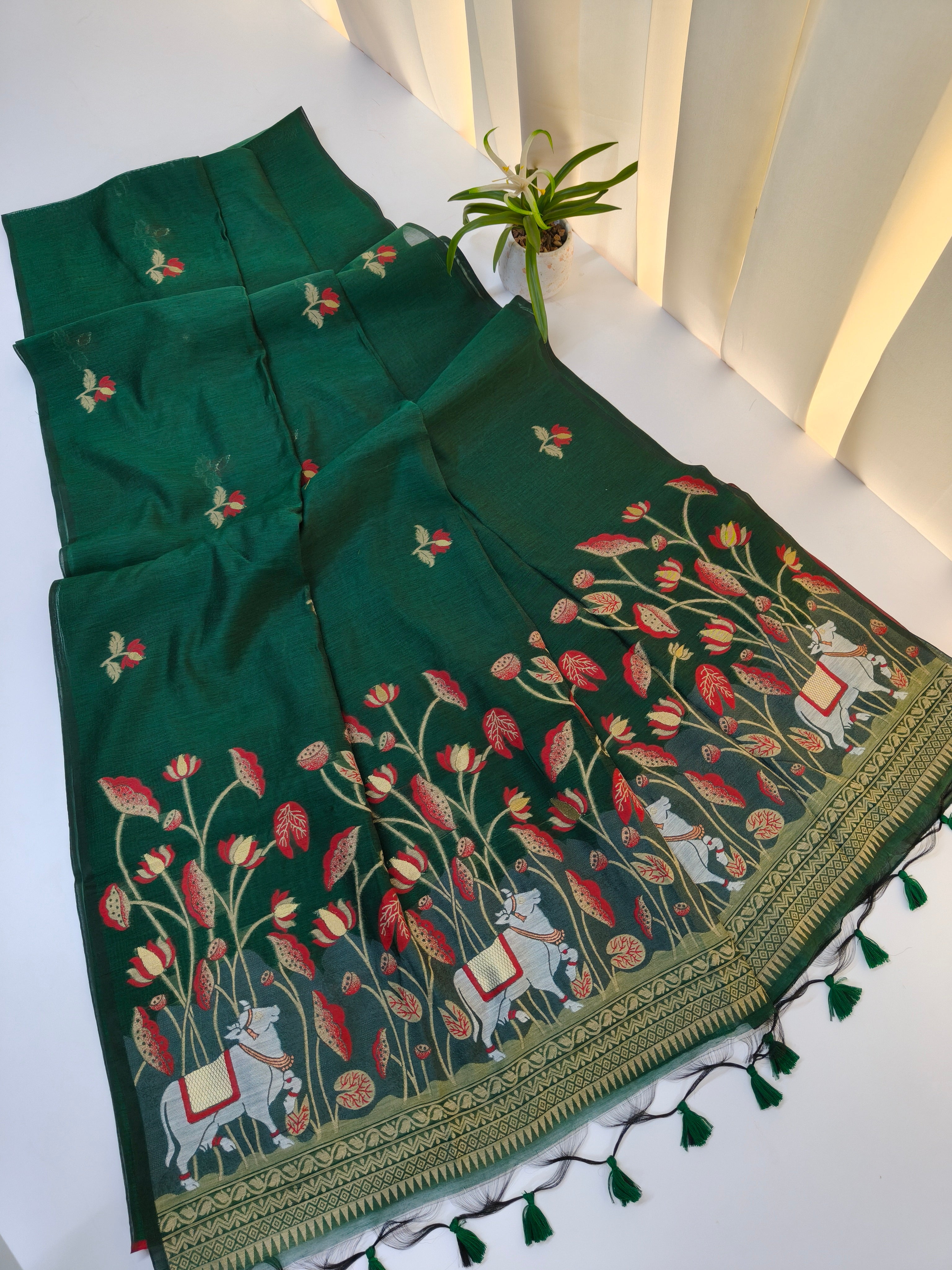Muga Cotton Saree With Pichwai Design 2 - GREEN