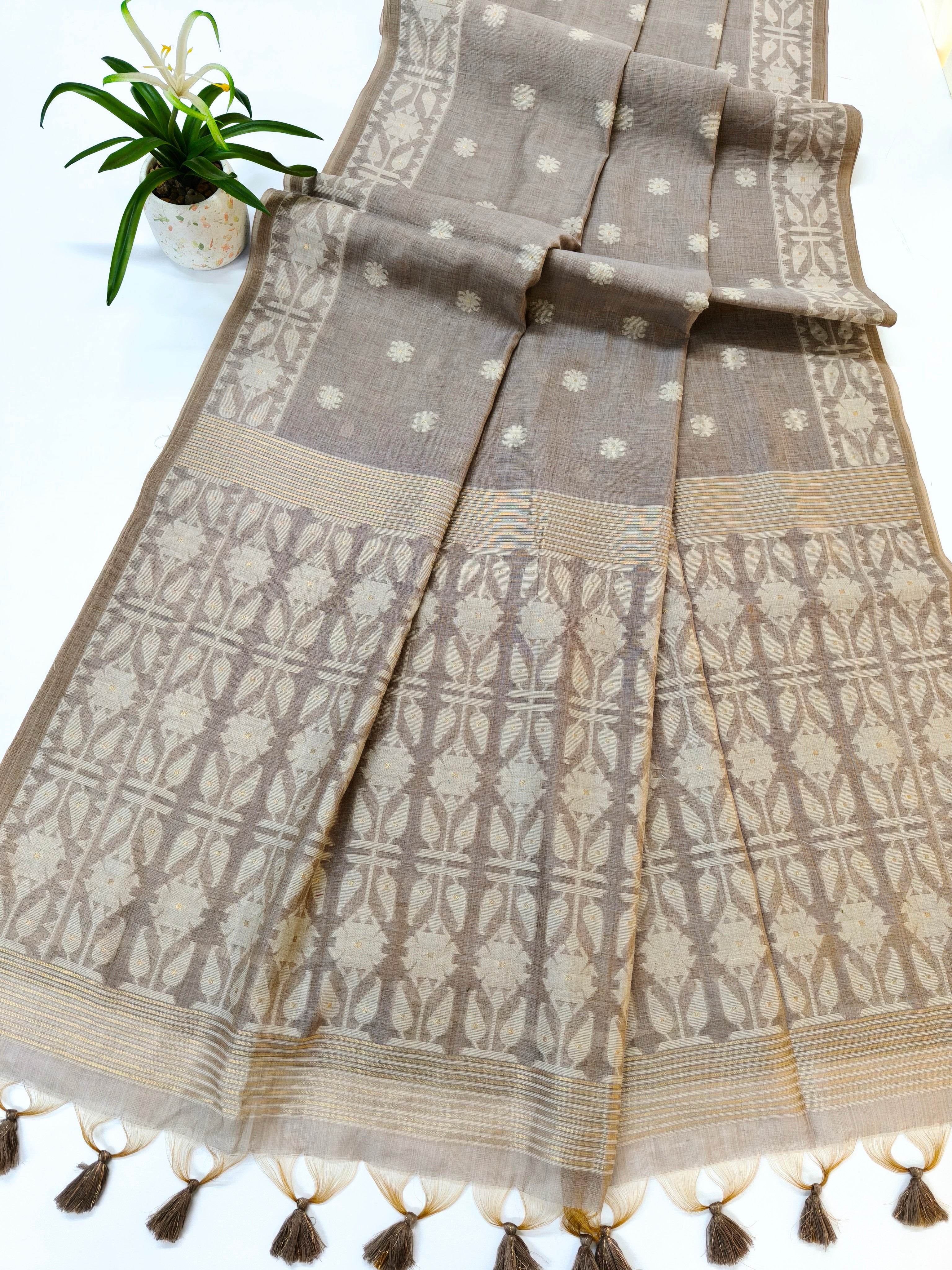 Muga Cotton Saree With Jamdani Pattern 1  - CHIKU