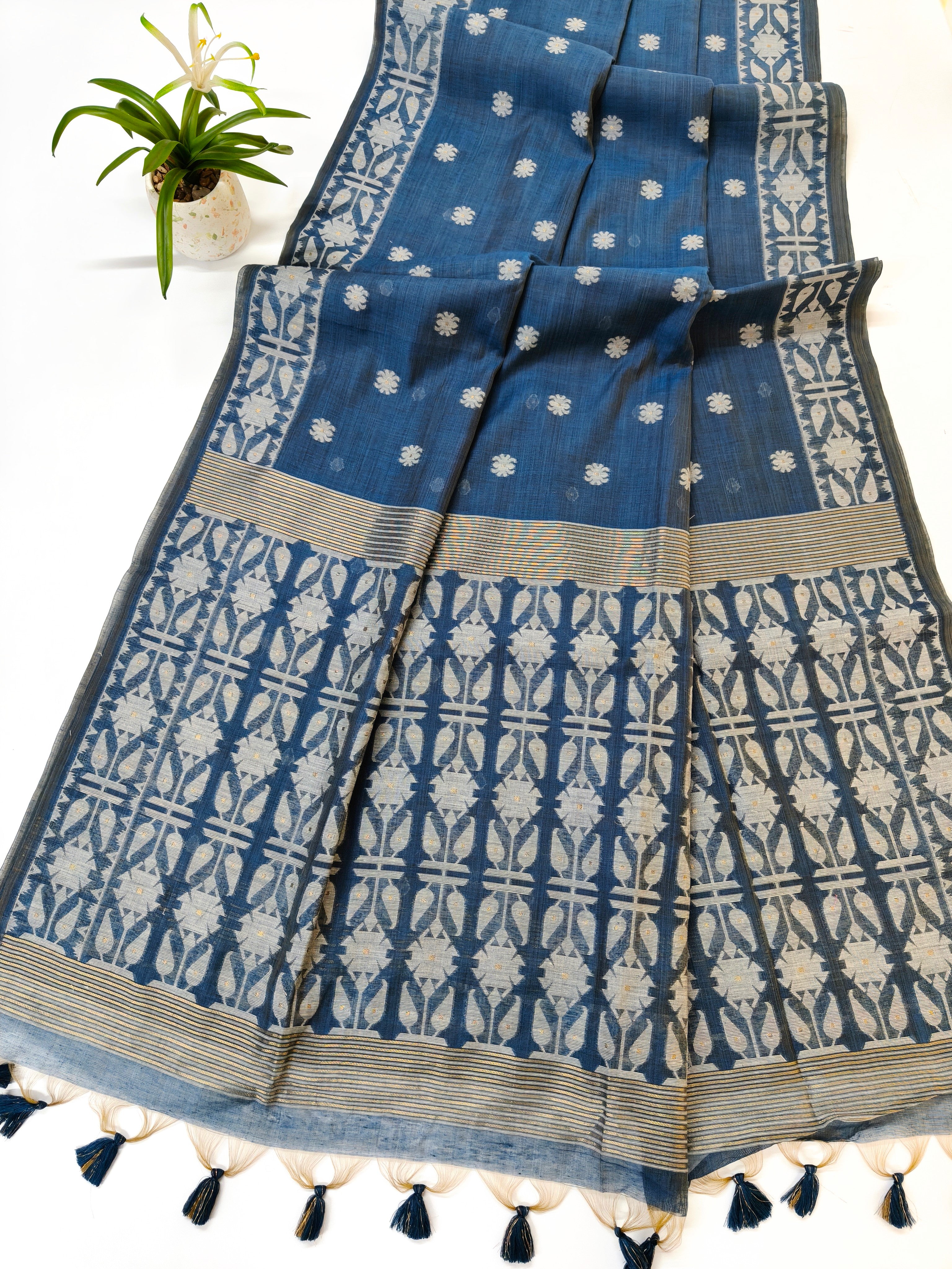 Muga Cotton Saree With Jamdani Pattern 1  - BLUE