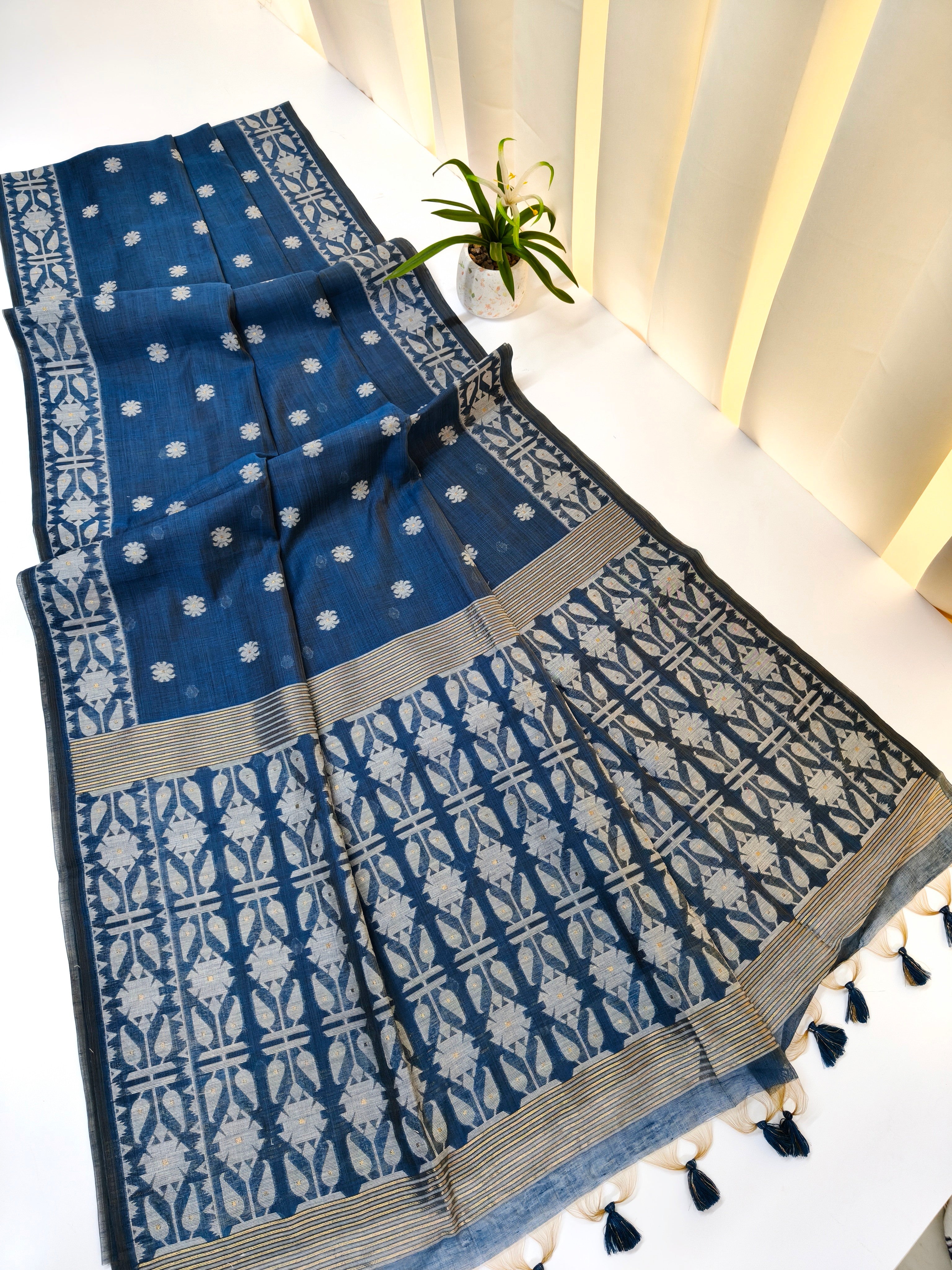Muga Cotton Saree With Jamdani Pattern 1  - BLUE