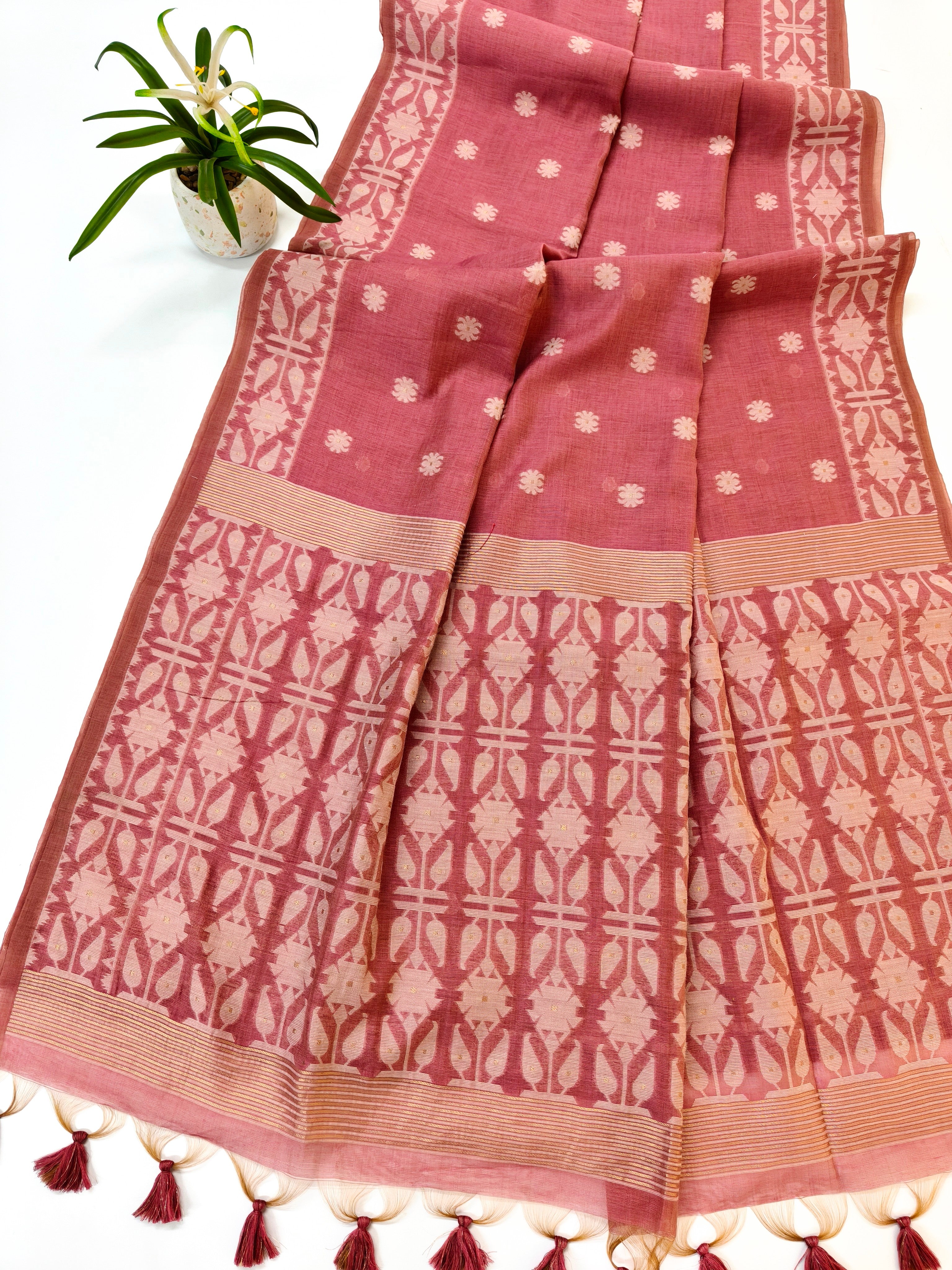 Muga Cotton Saree With Jamdani Pattern 1  - PINK
