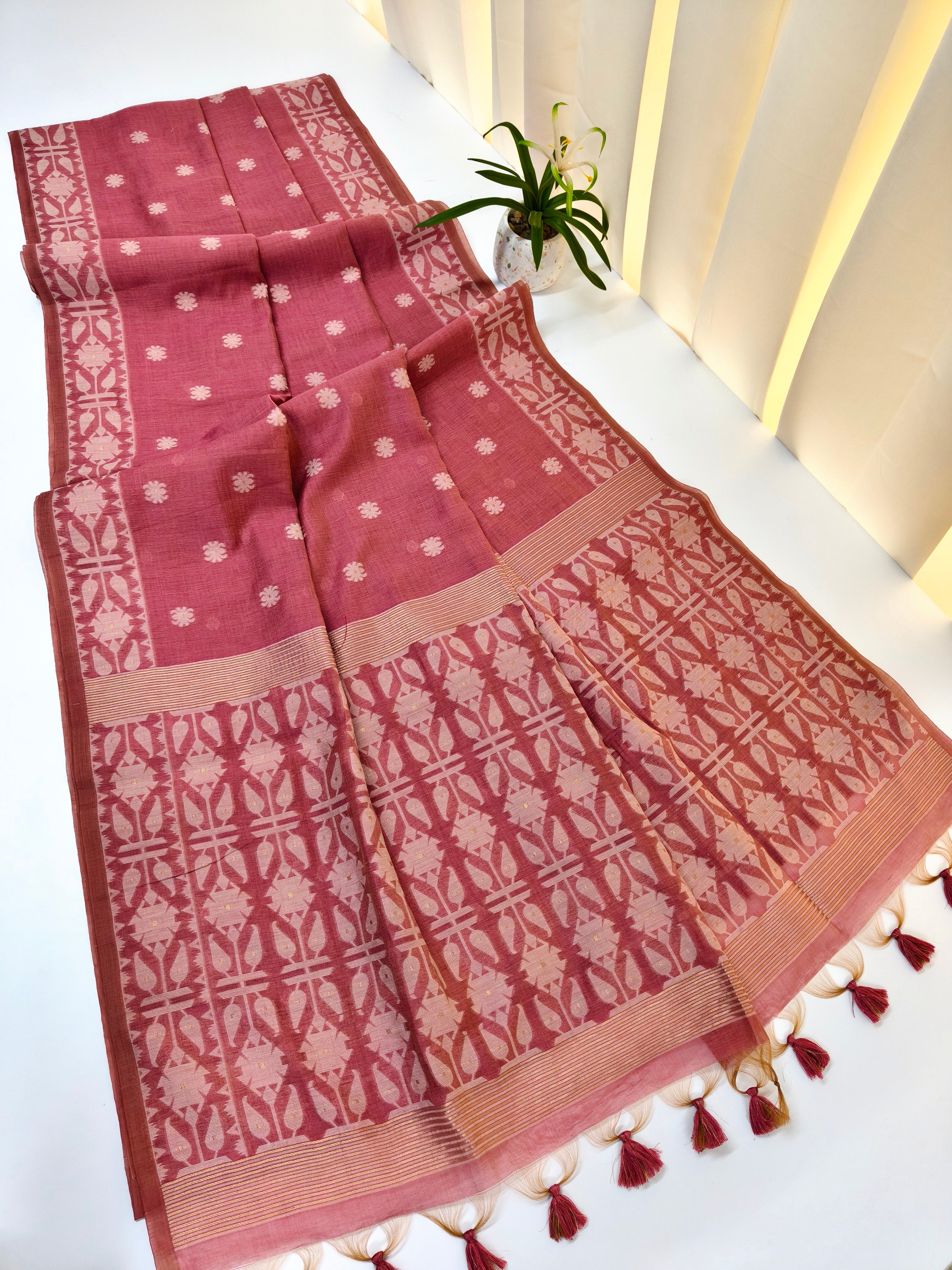 Muga Cotton Saree With Jamdani Pattern 1  - PINK