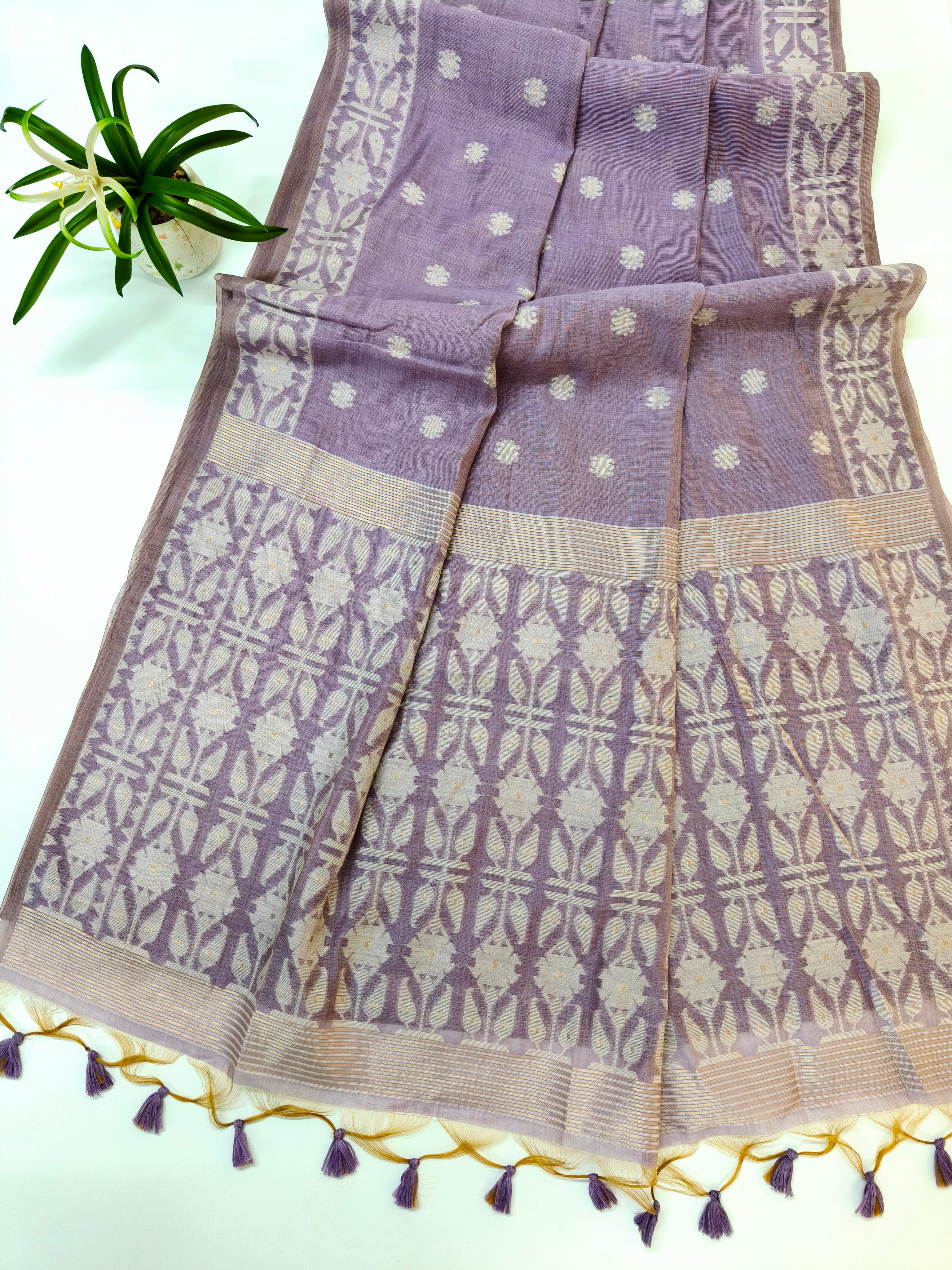 Muga Cotton Saree With Jamdani Pattern 1  - PURPLE