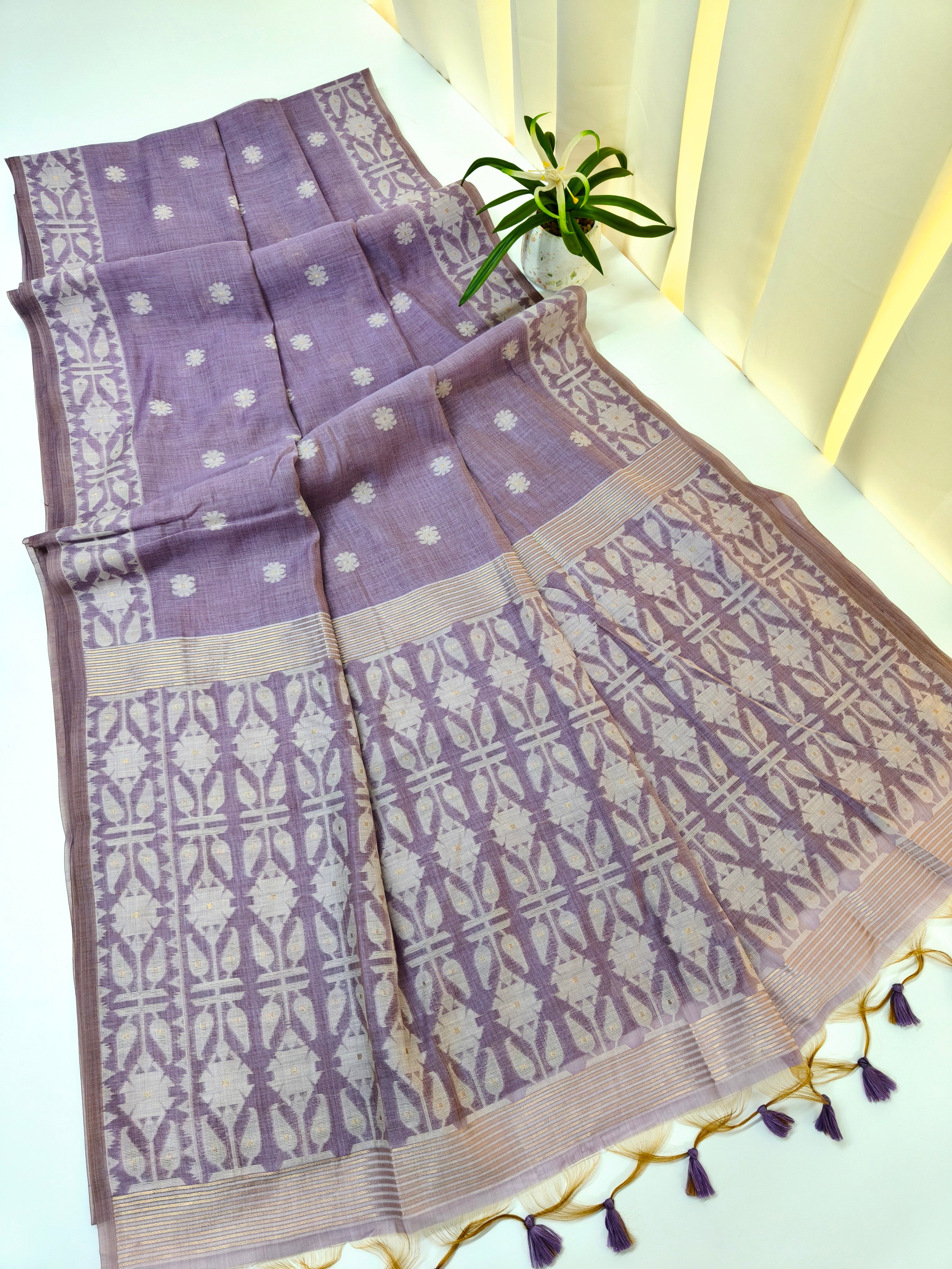 Muga Cotton Saree With Jamdani Pattern 1  - PURPLE