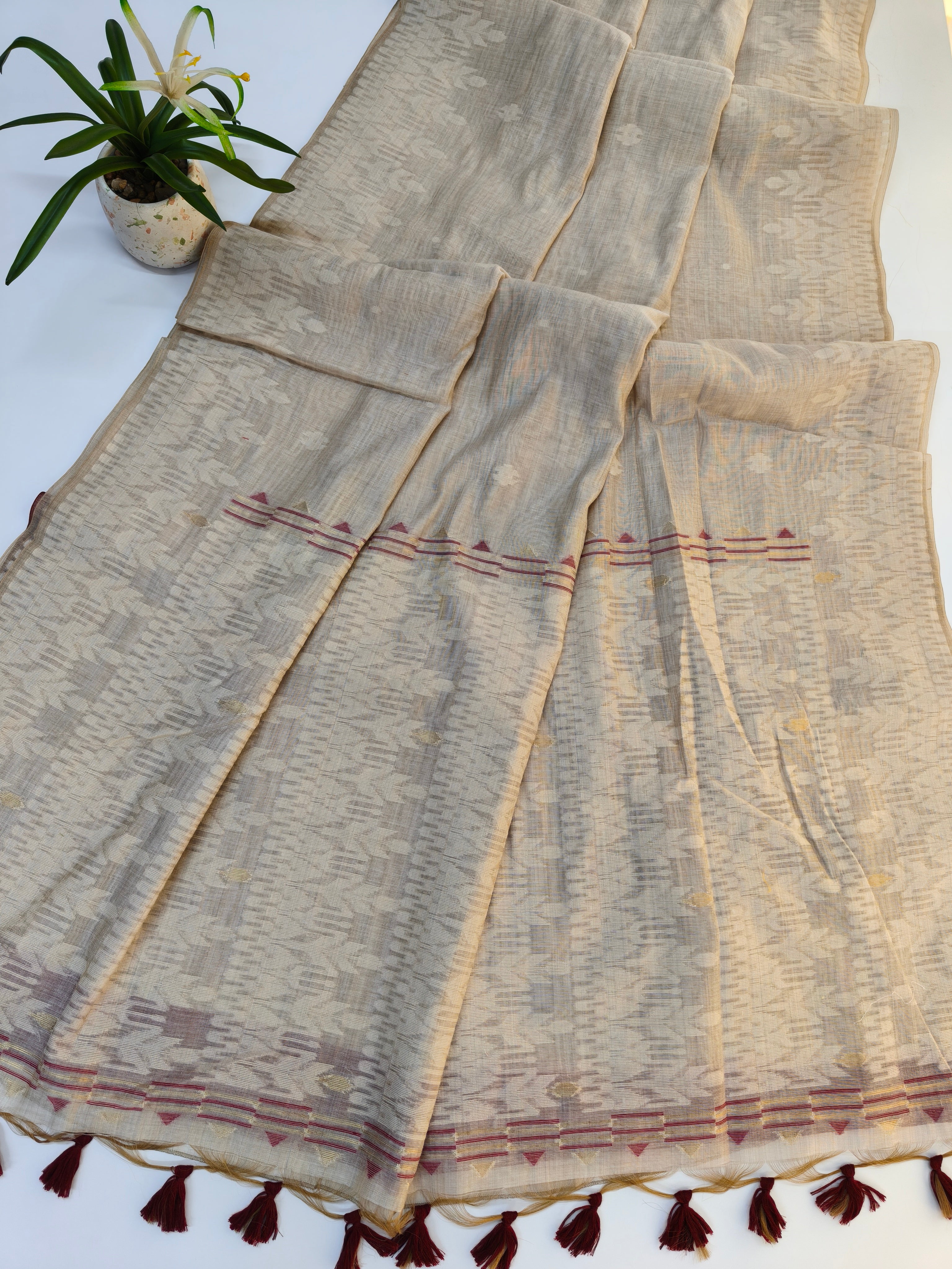 Muga Cotton Saree With Jamdani Design 2 - MAROON