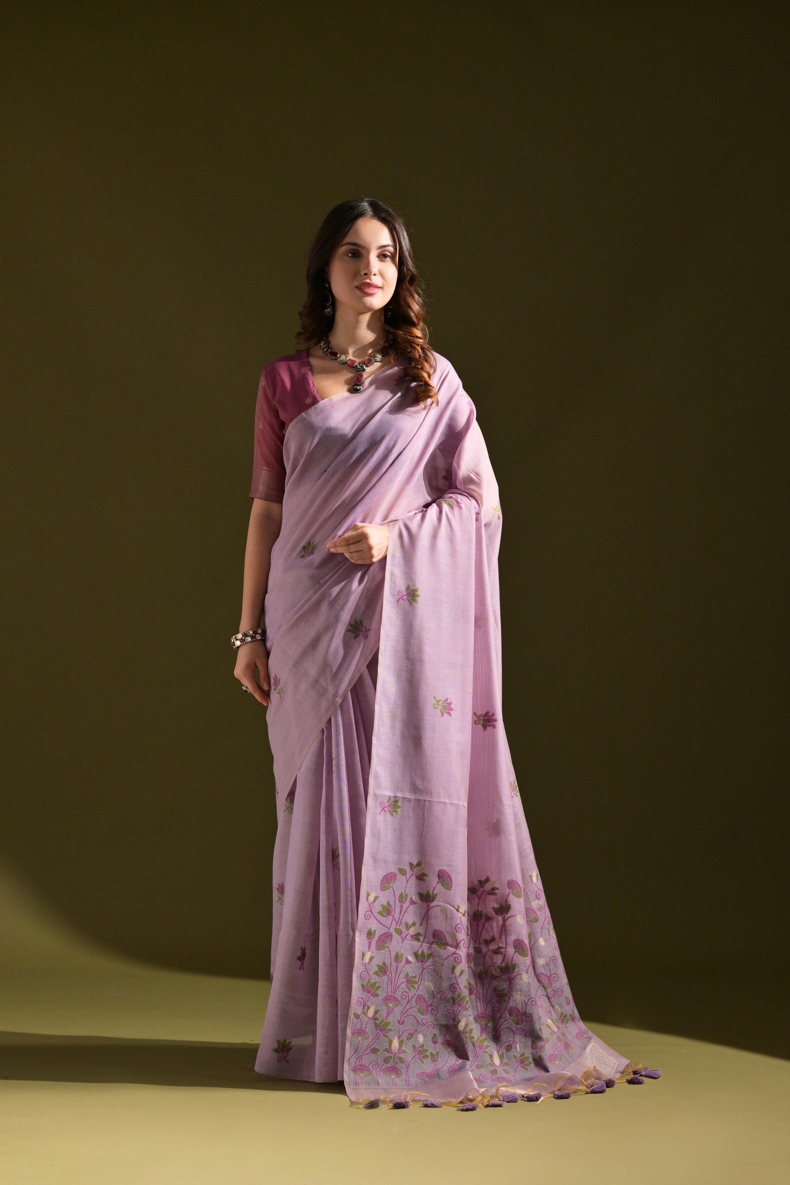 Muga Cotton Saree With Contrast Blouse - LAVENDER