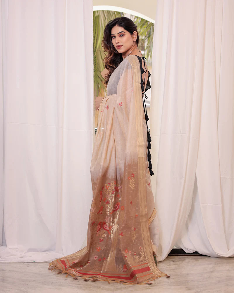 Muga Cotton Saree With Sparrow Design - CHIKU