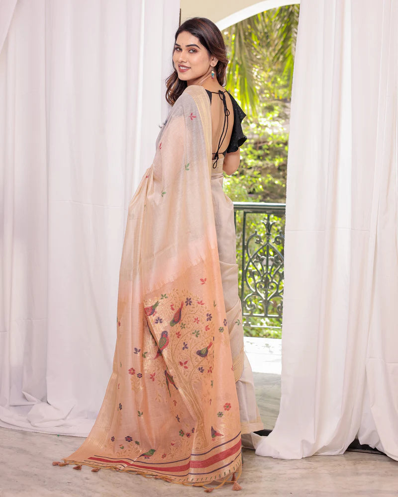 Muga Cotton Saree With Sparrow Design - PEACH
