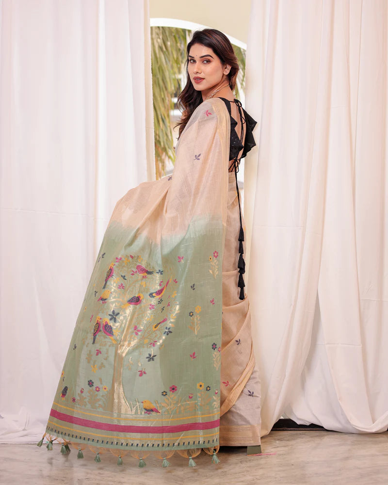 Muga Cotton Saree With Sparrow Design - FIROZI