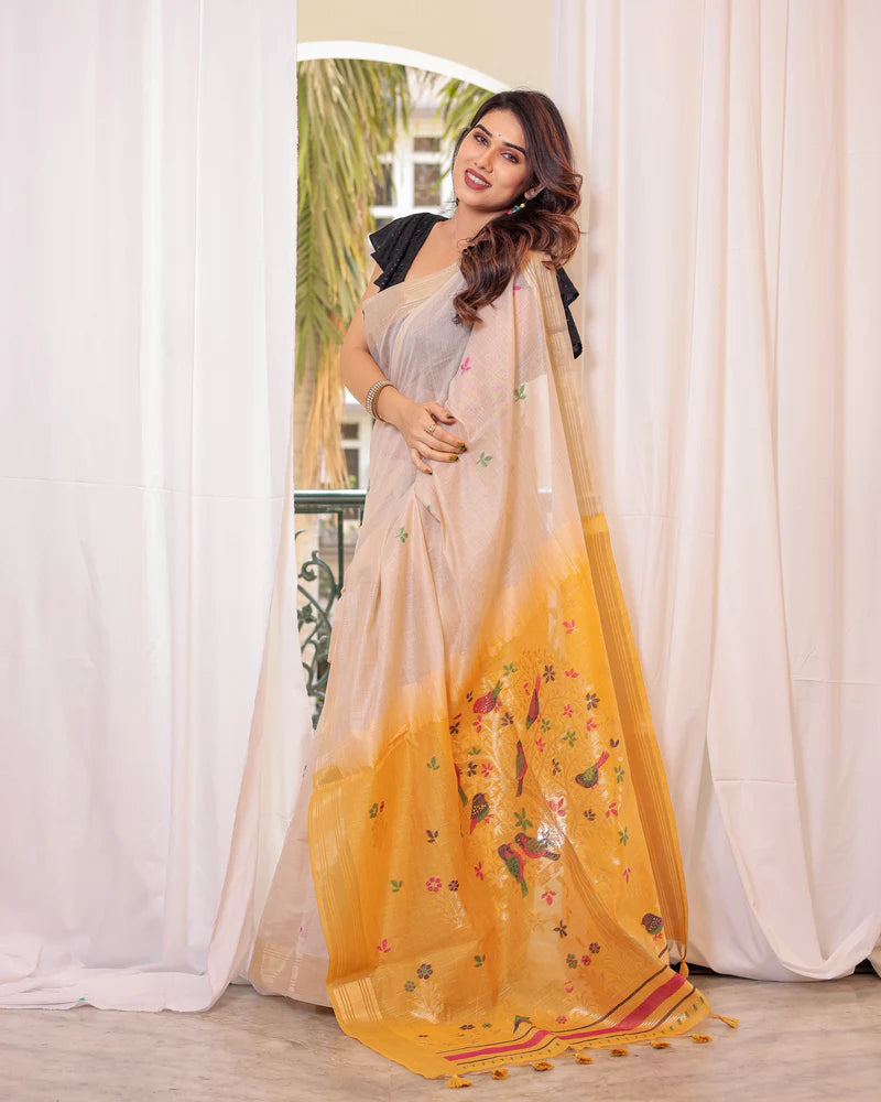 Muga Cotton Saree With Sparrow Design - YELLOW