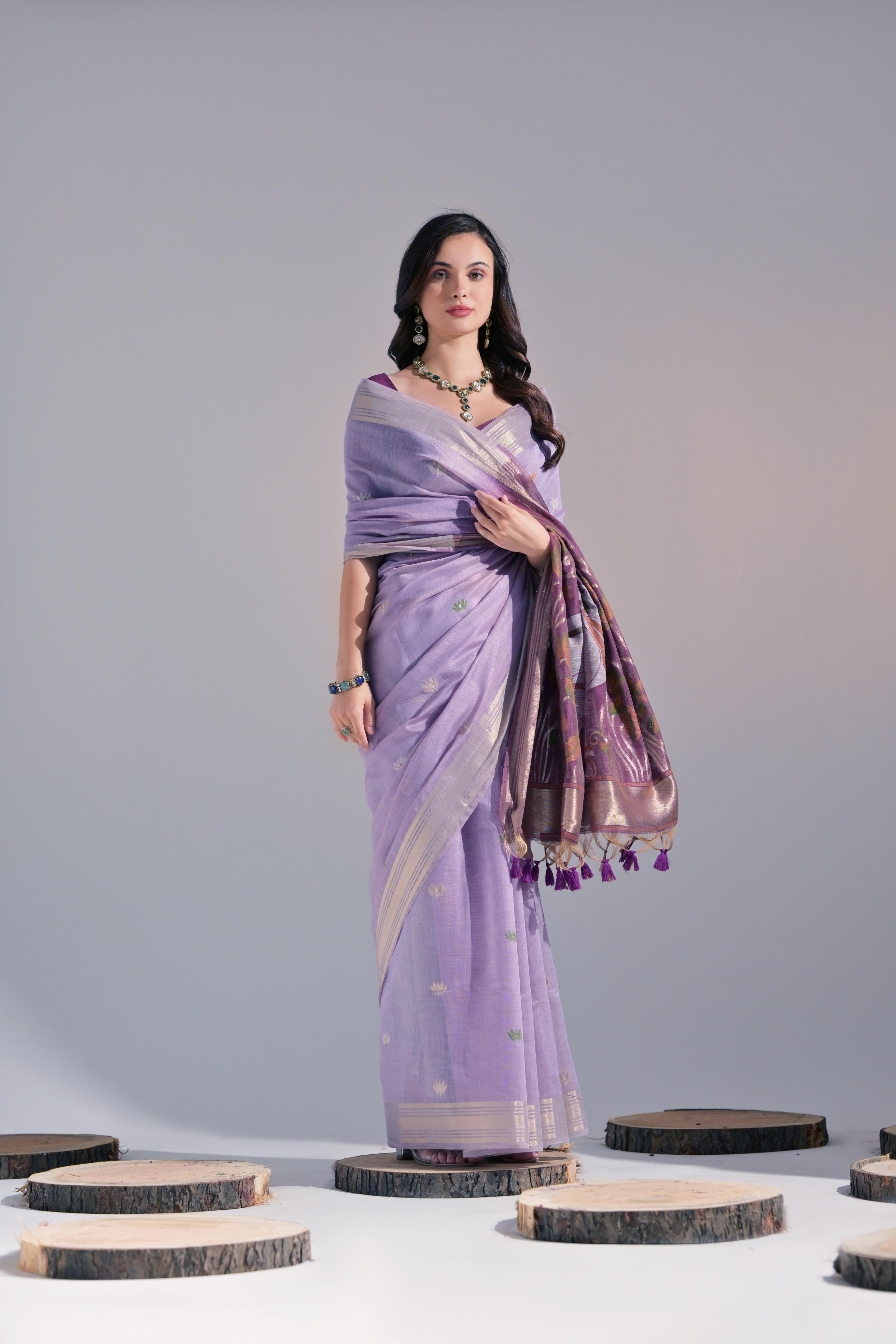 Muga Cotton Saree With Cow Pallu - LAVENDER
