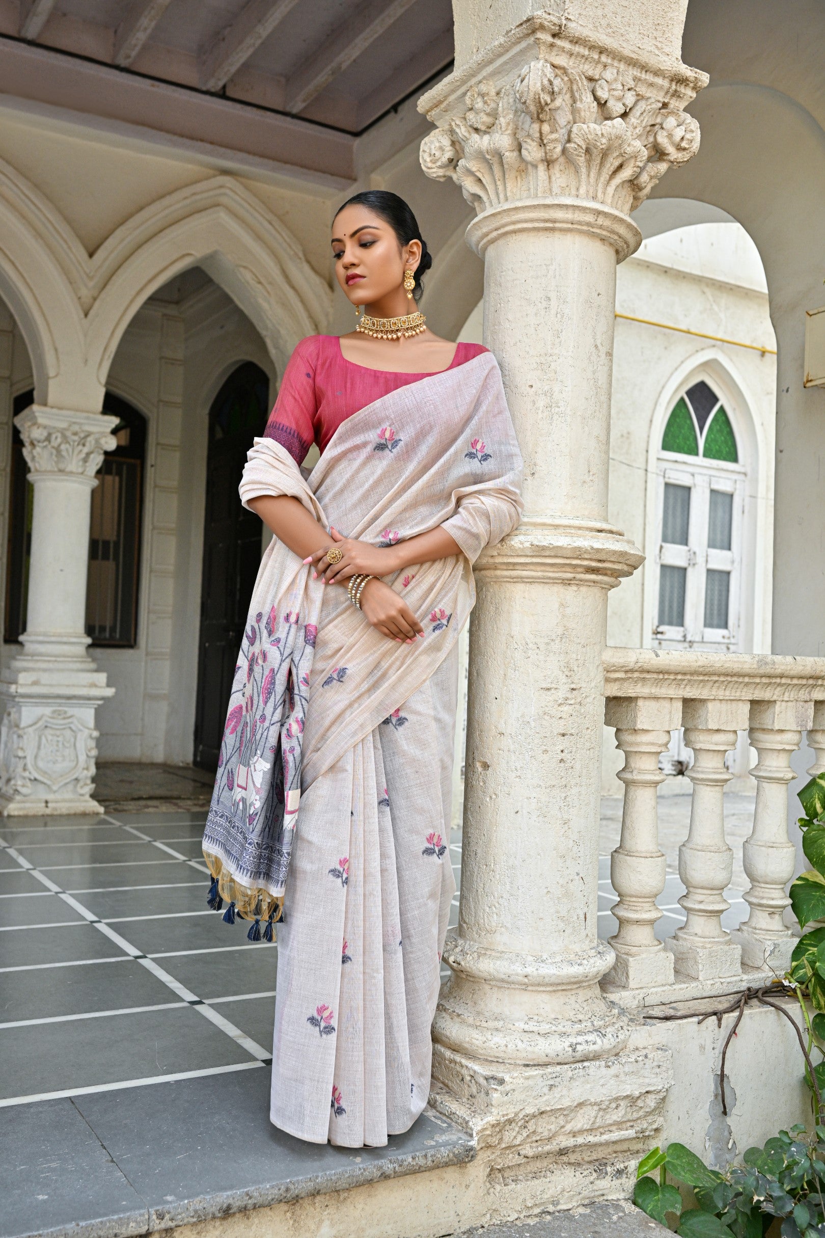 Muga Cotton Saree With Pichwai Pattern - BLUE