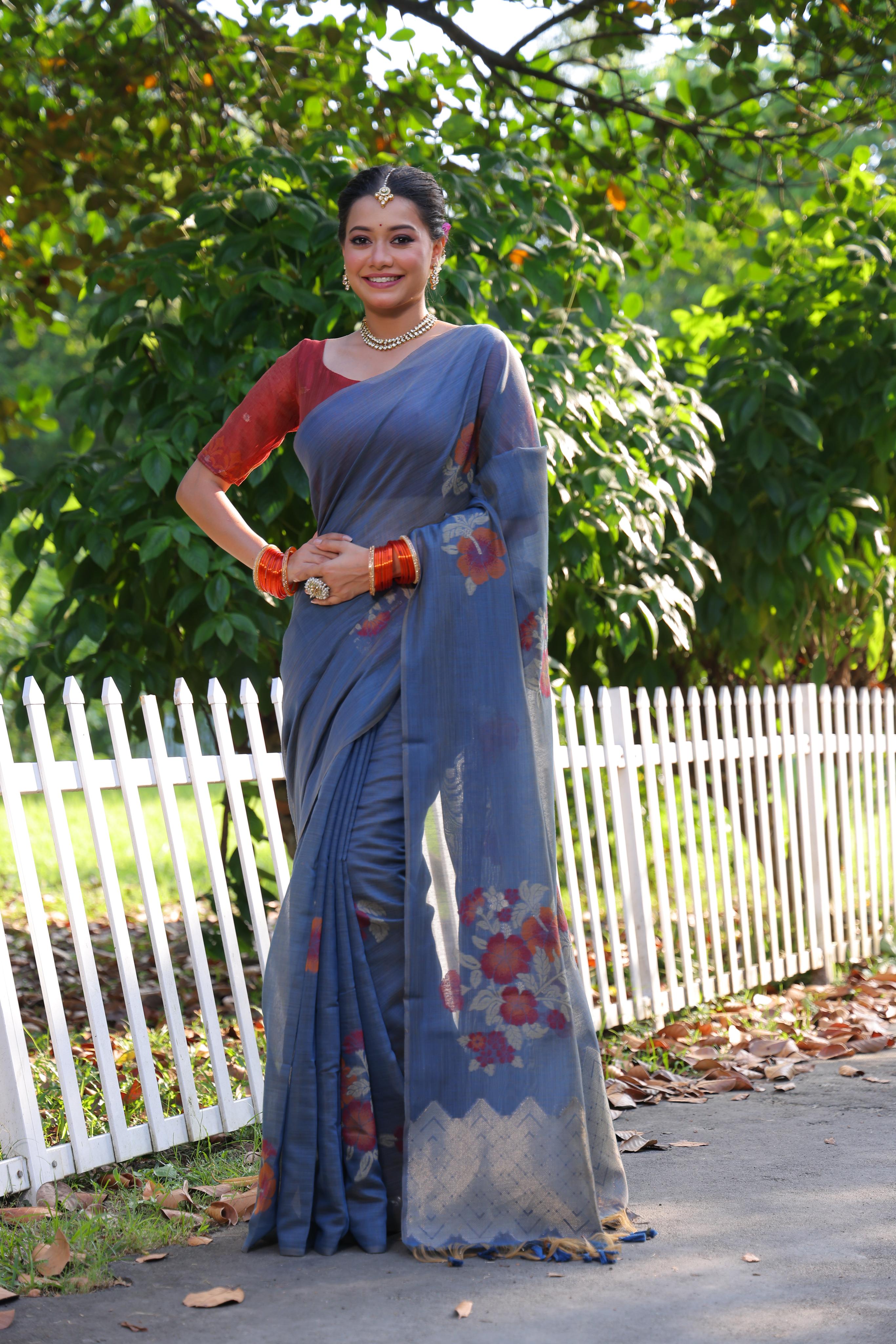 Muga Cotton Flower Pattern Saree - BLUE