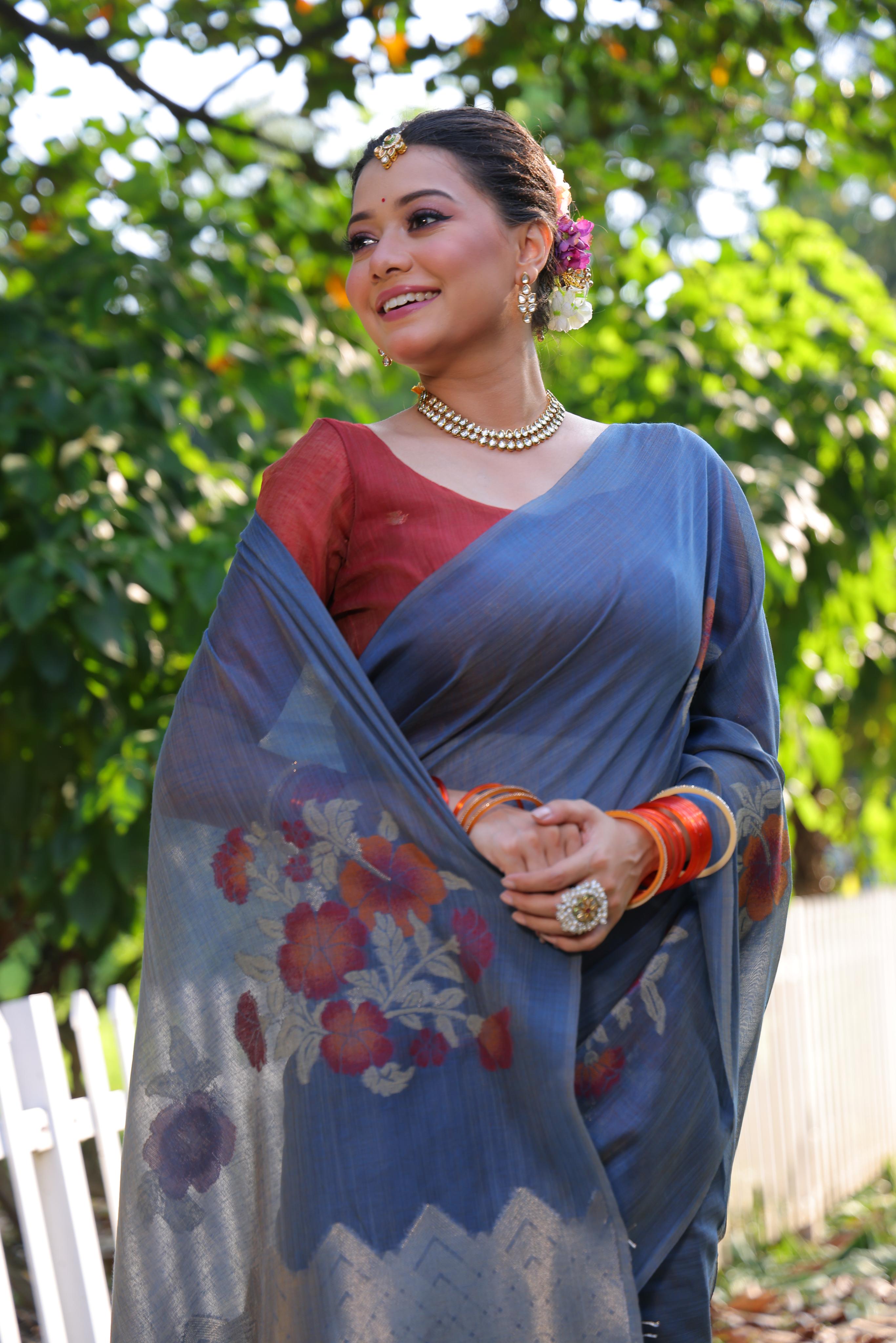 Muga Cotton Flower Pattern Saree - BLUE