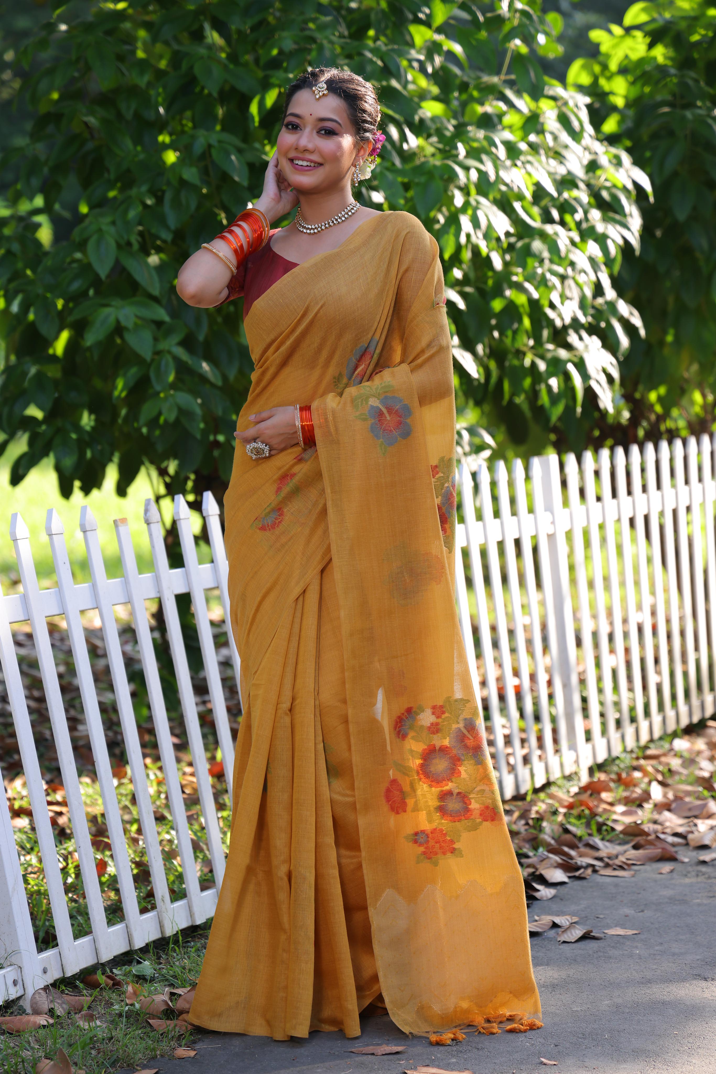 Muga Cotton Flower Pattern Saree - YELLOW