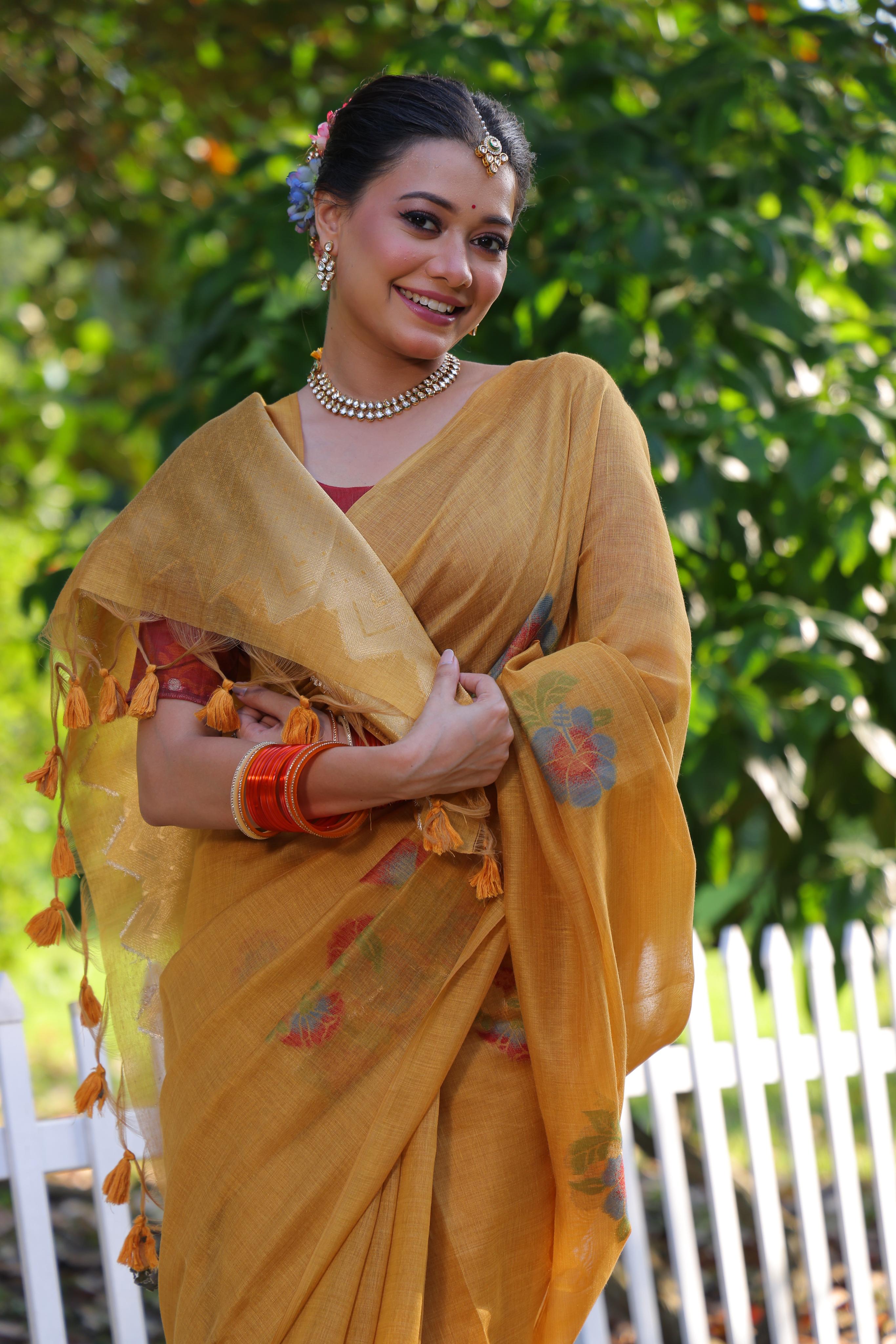 Muga Cotton Flower Pattern Saree - YELLOW